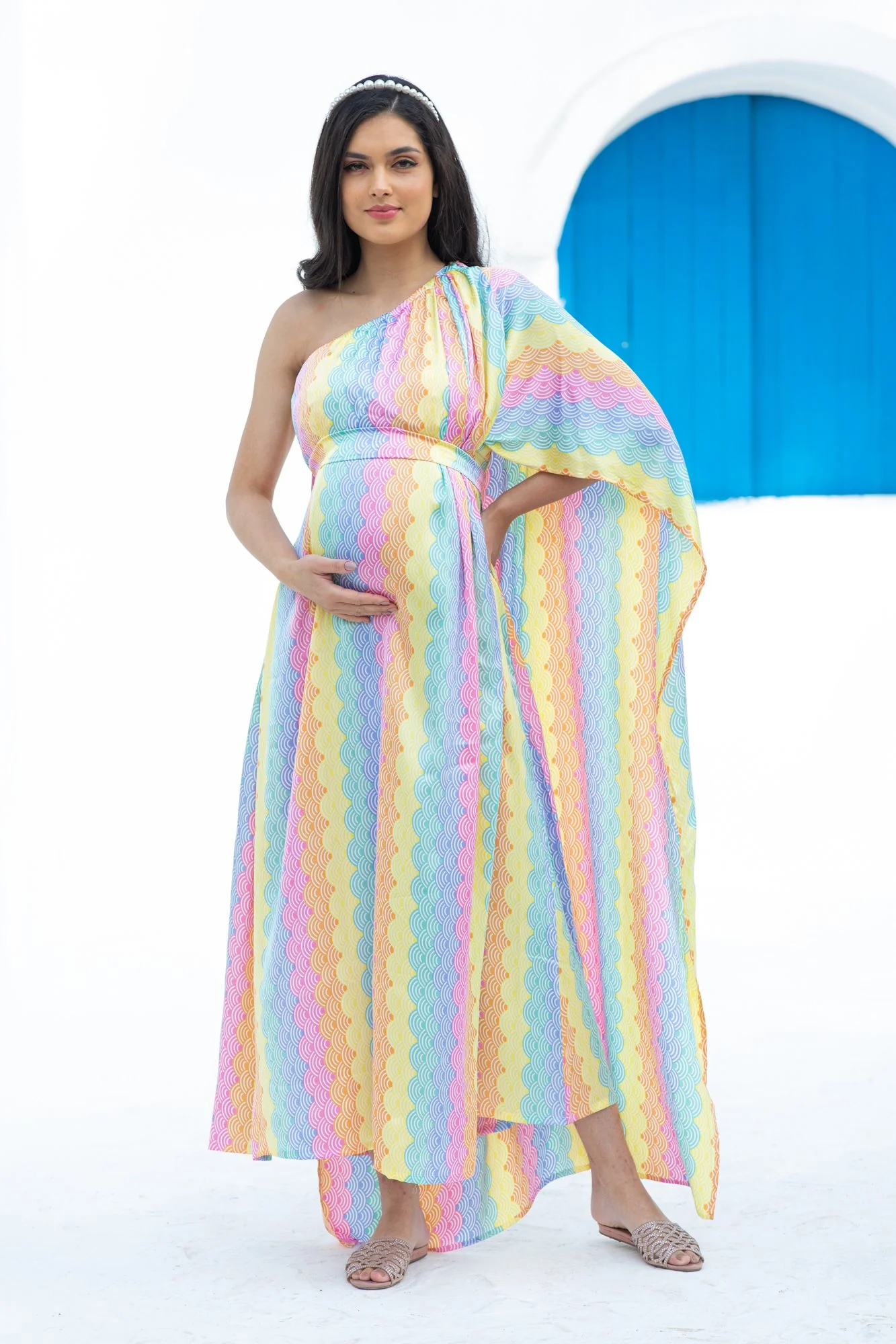 Luxe Rainbow One Shoulder Floral Maternity & Nursing Satin Dress - Chenance
