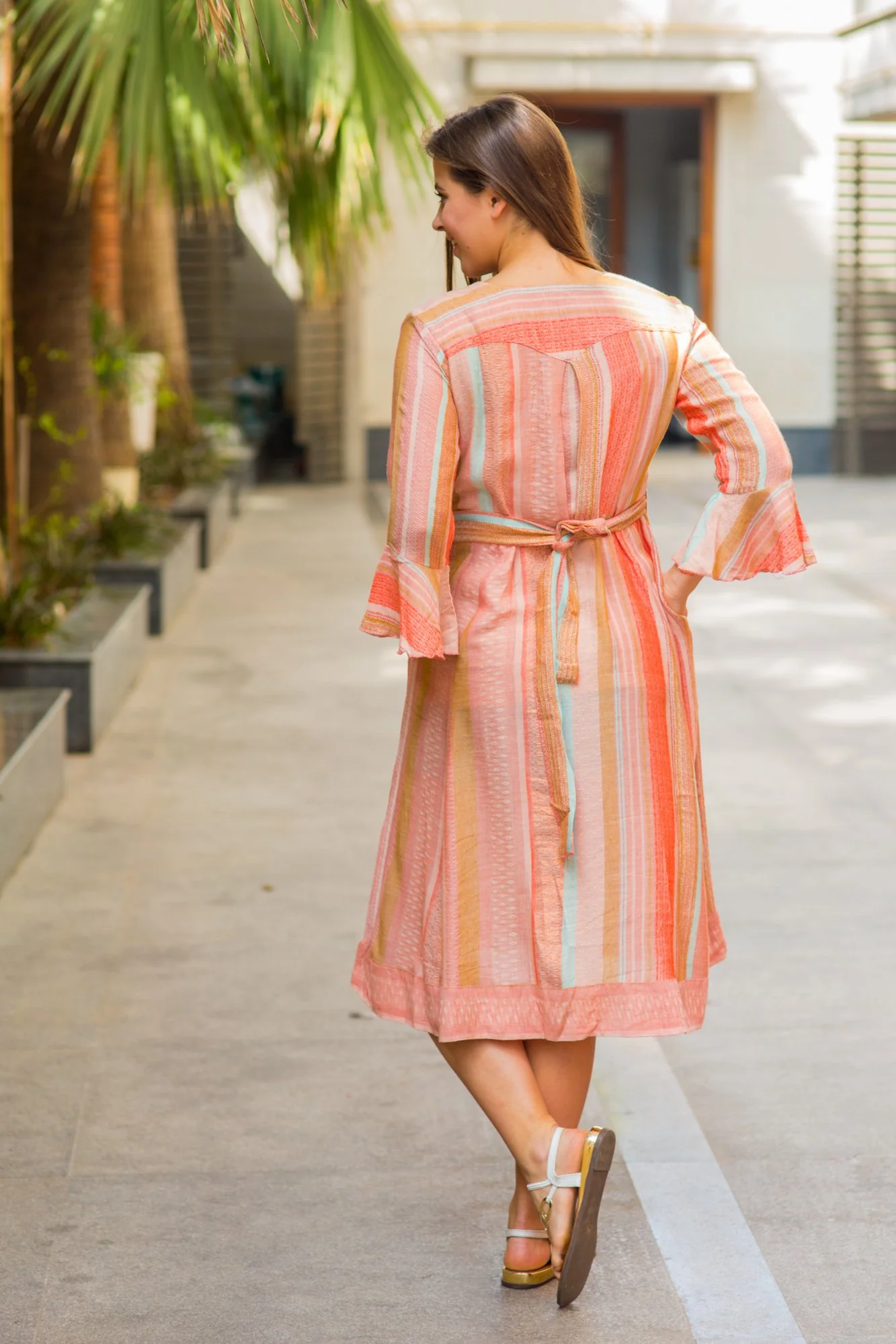 Peachy Striped Front Button Maternity & Nursing Dress - Chenance