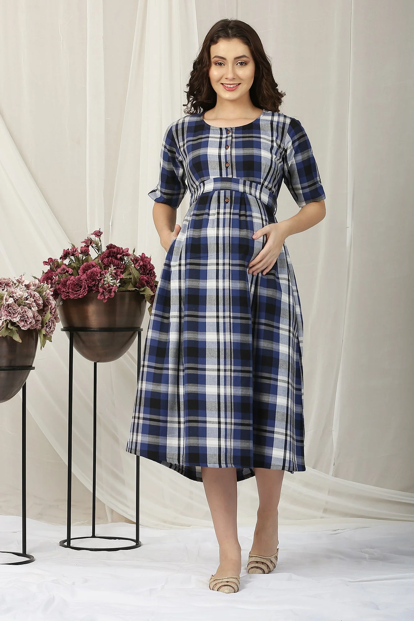 Classy Blue Plaid Maternity & Nursing Dress - Chenance