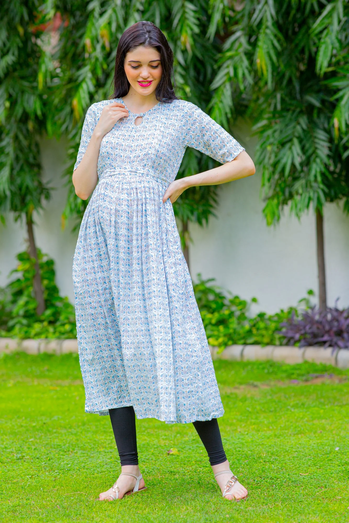 Chandelier White Concealed Zips Maternity & Nursing Kurta Dress - Chenance