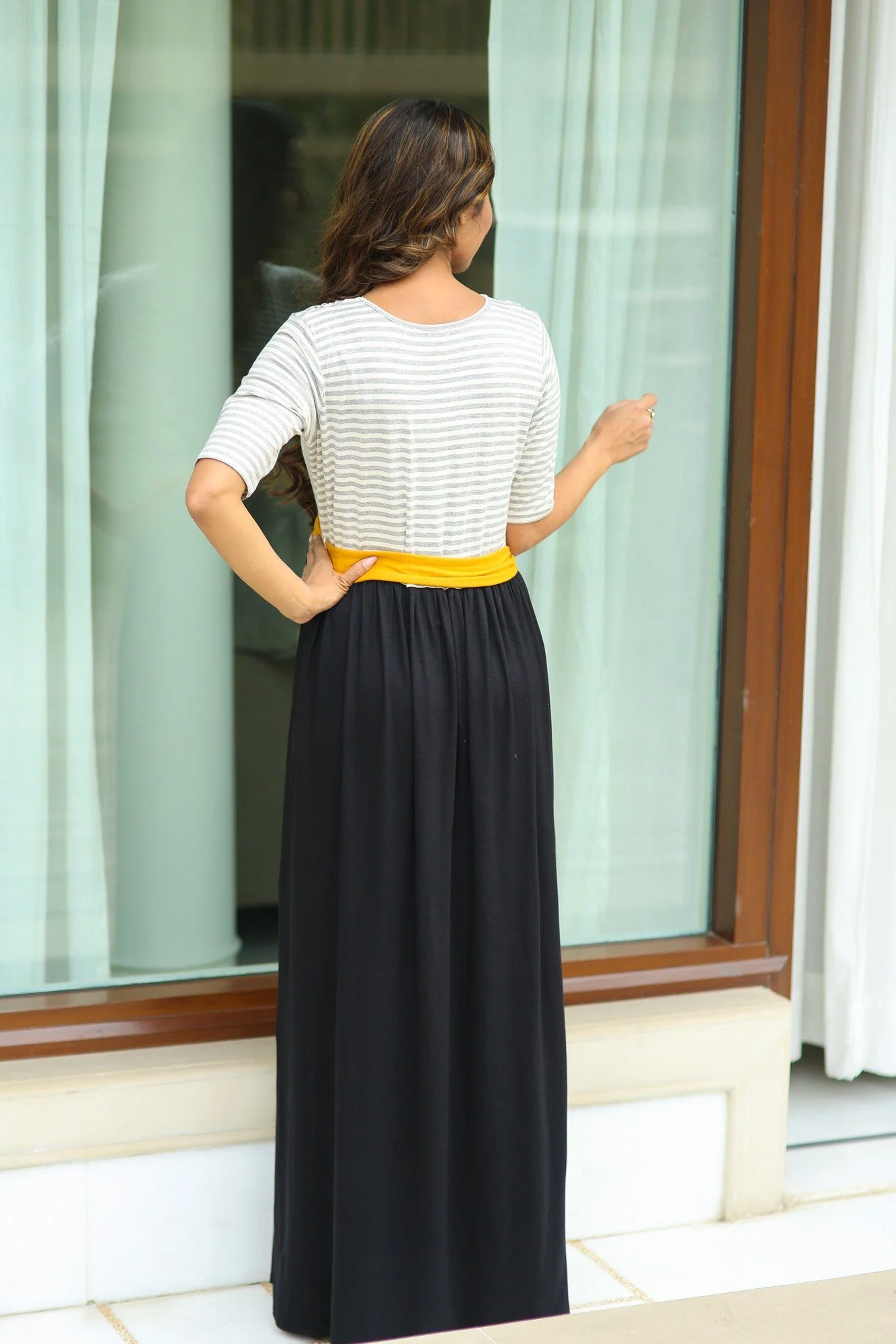 Striped Contrast Gathered Maternity Maxi Dress - Chenance