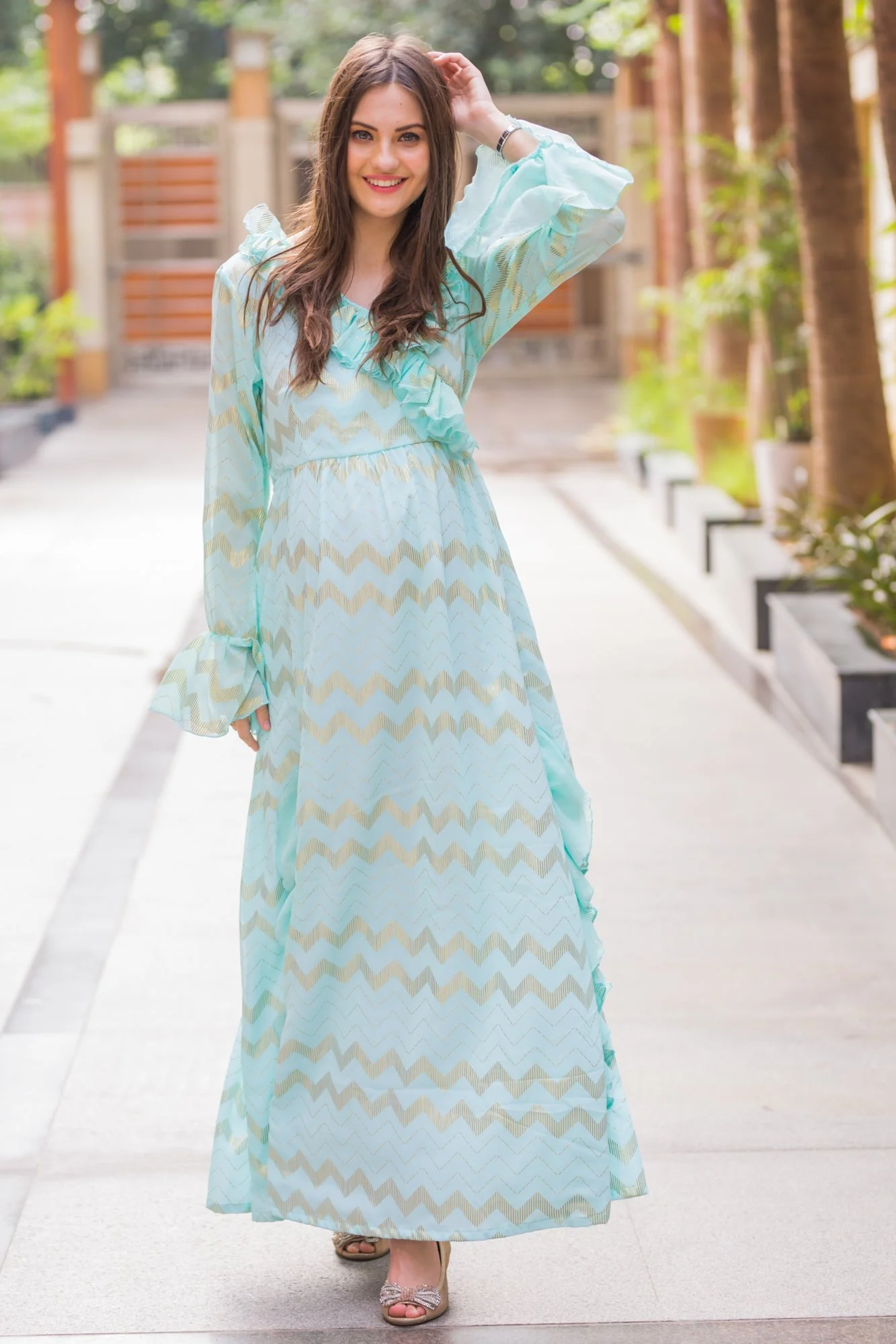 Pastel Blue Embellished Maternity & Nursing Dress - Chenance