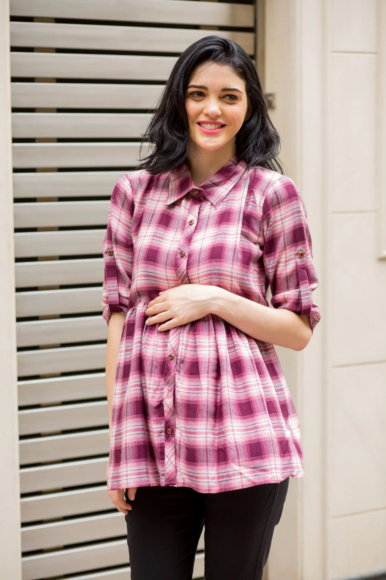 Peach Gathered Viscose Maternity & Nursing Shirt - Chenance