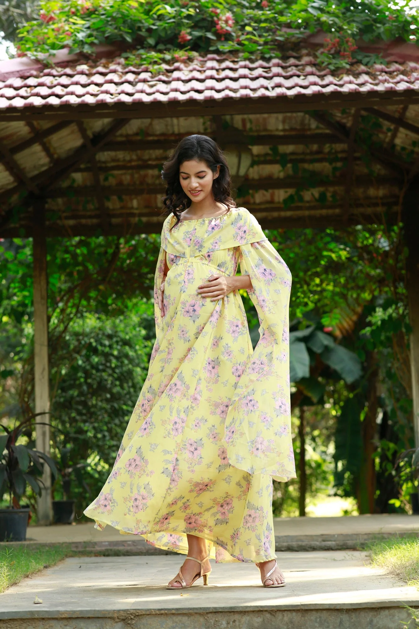 Lemon Pink Blossom Flying Sleeves Maternity & Nursing Dress - Chenance