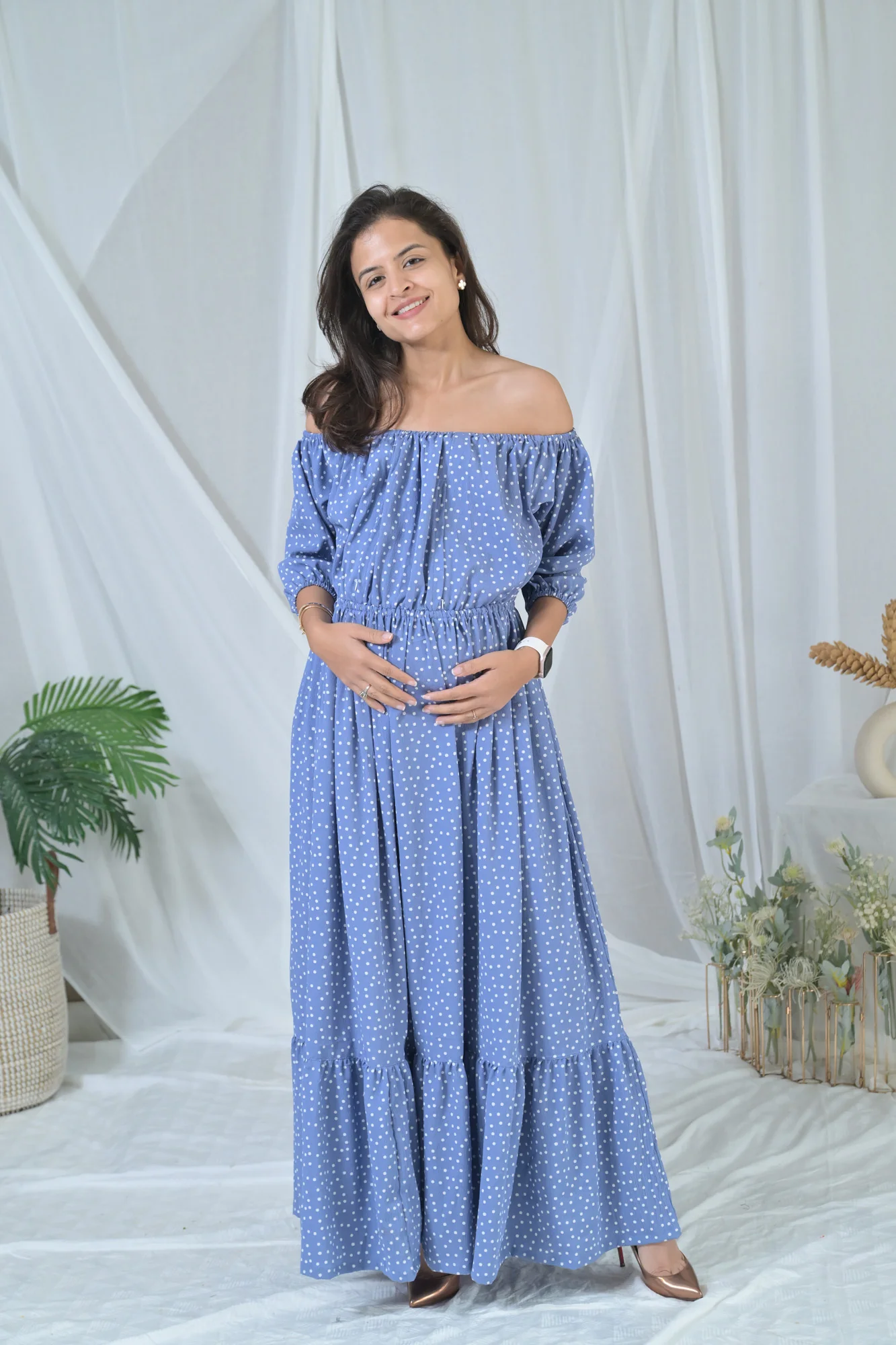 Sea Blue Polka Off-Shoulder Maternity & Nursing Maxi Dress - Chenance