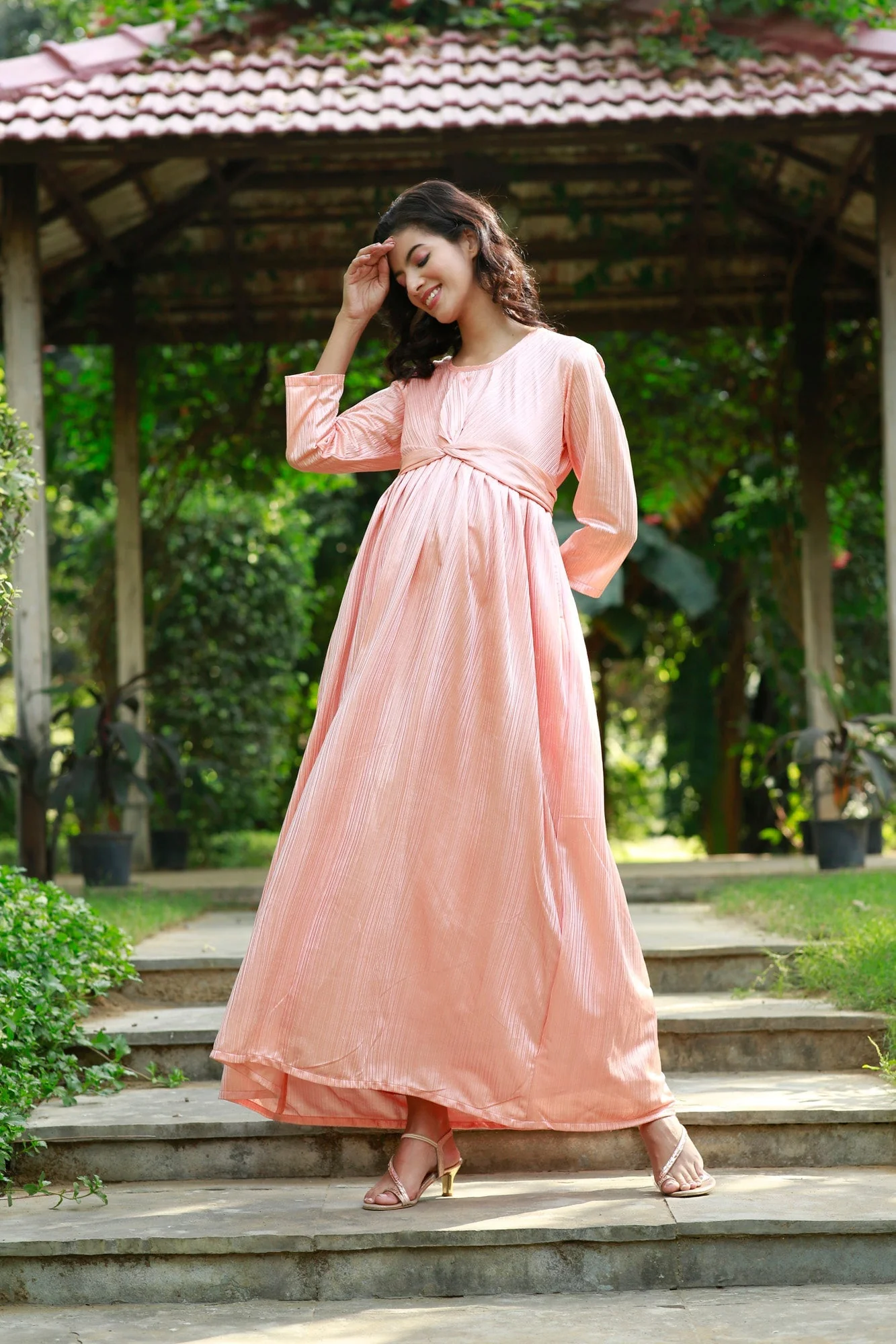 Elegant Coral Pleated Maternity Knot Dress - Chenance