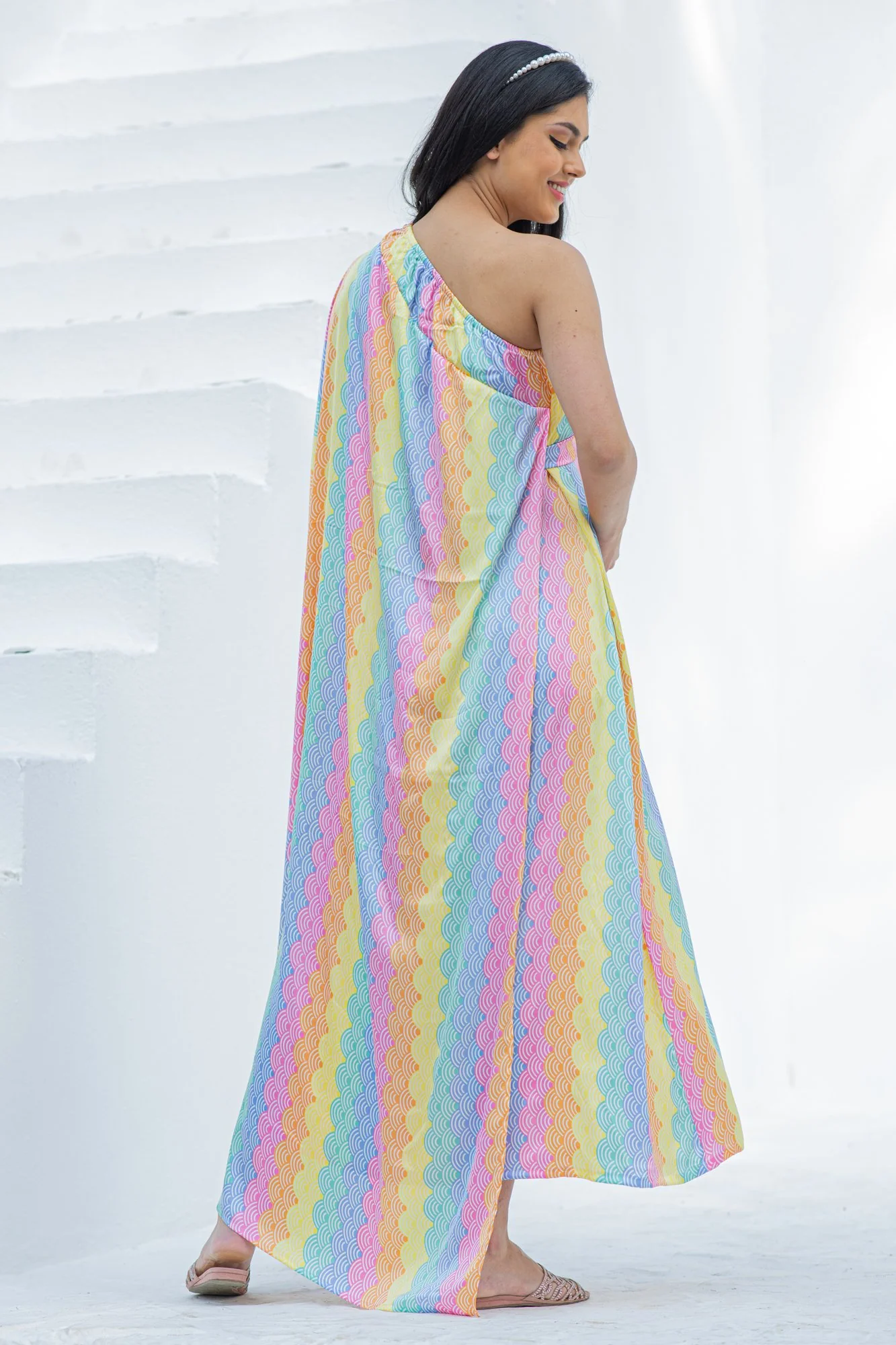 Luxe Rainbow One Shoulder Floral Maternity & Nursing Satin Dress - Chenance