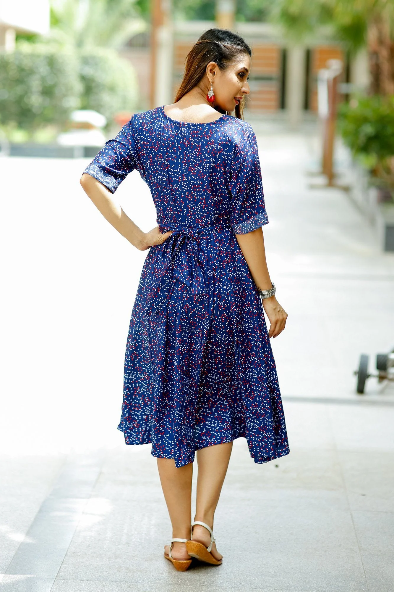 Blue Red White Polka Concealed Zips Maternity & Nursing Dress - Chenance