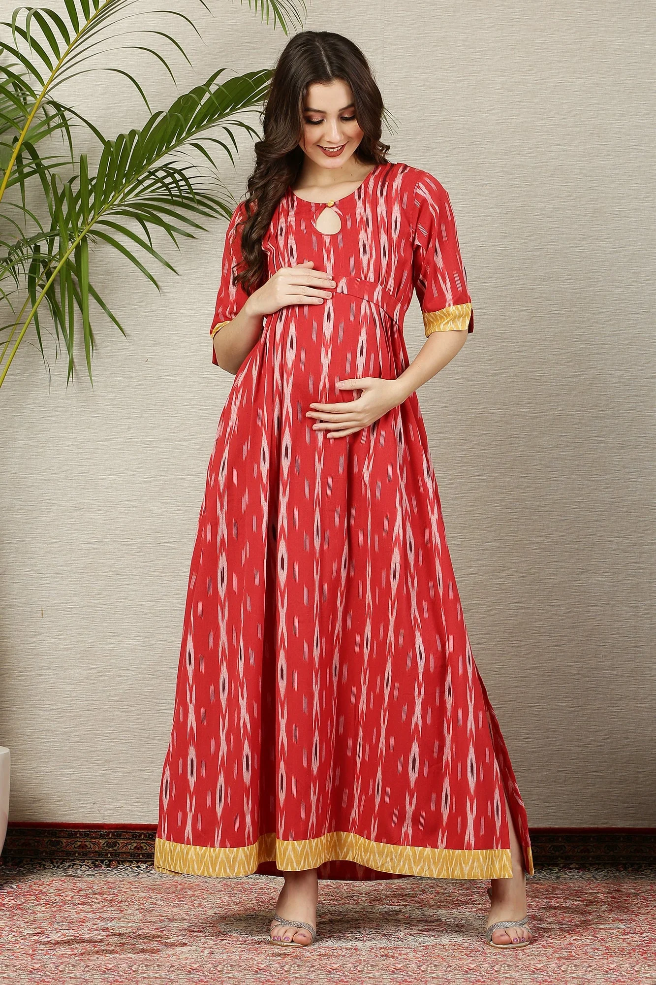 Pleasing Crimson Ikat Side Slit Long Maternity & Nursing Dress (100% Cotton) - Chenance