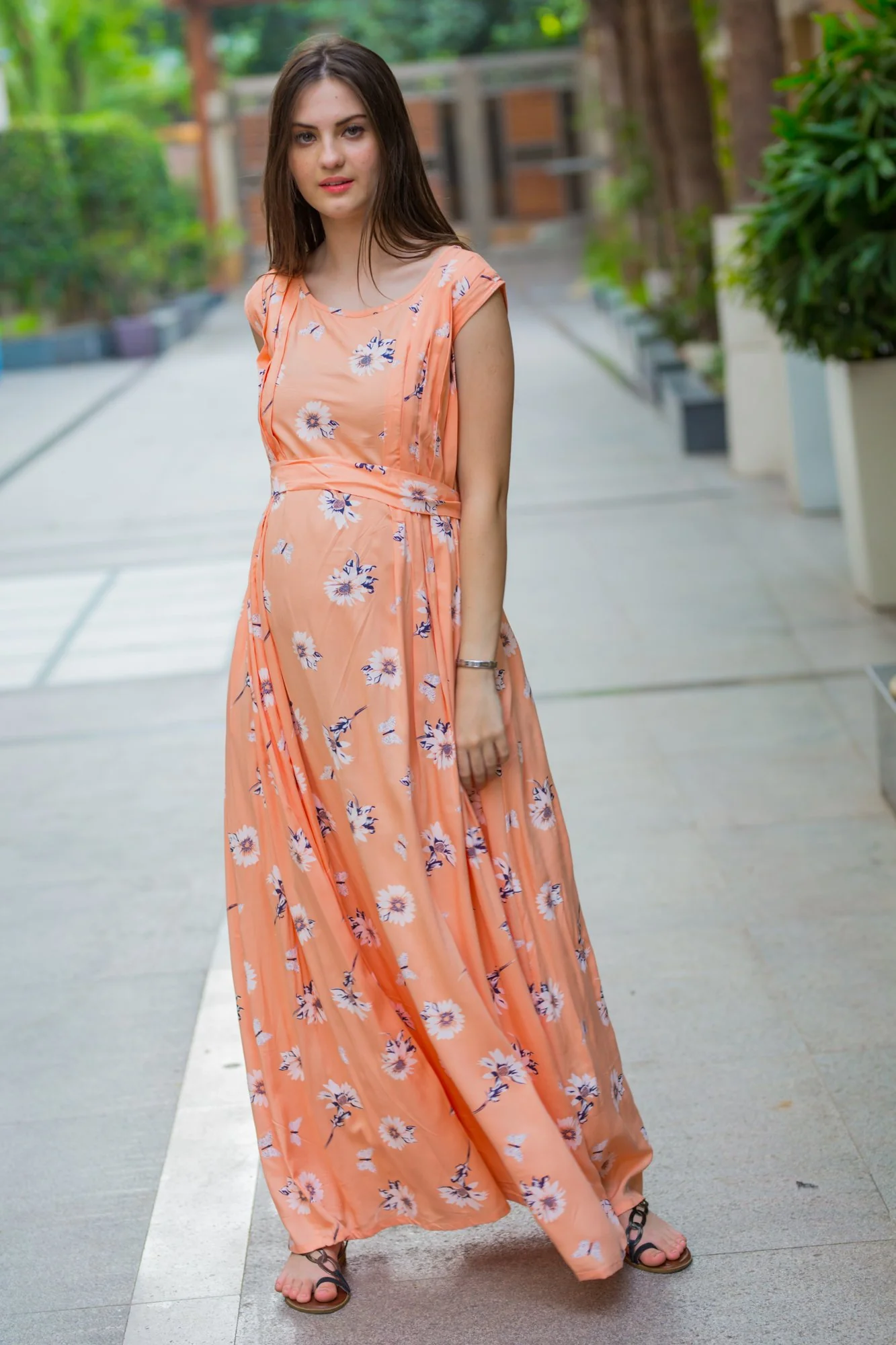 Soft Peach Flair Maternity & Nursing Dress - Chenance
