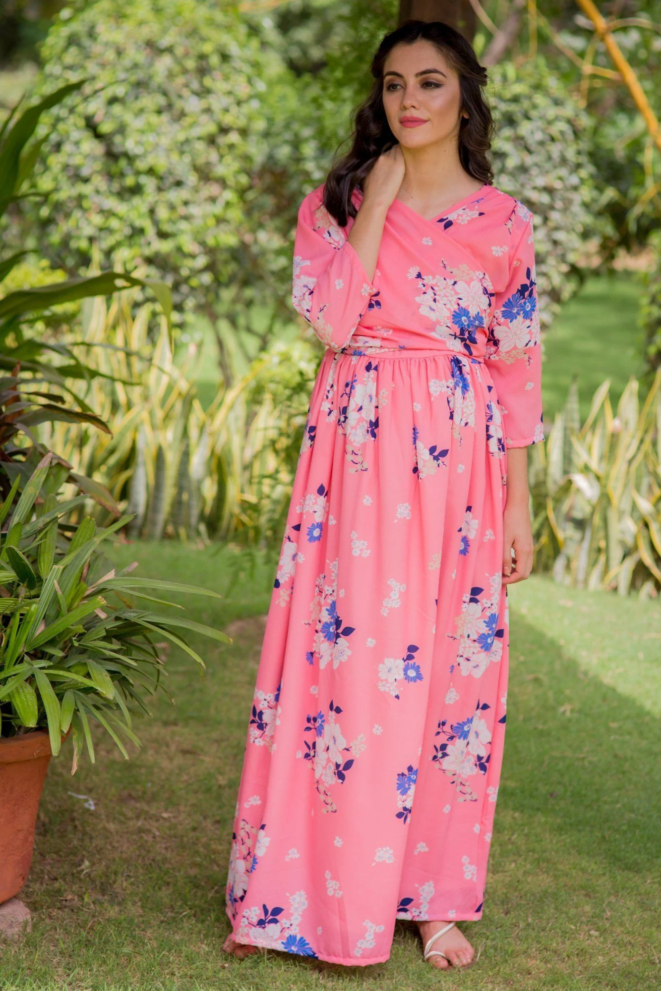 Plush Pink Floral Maternity & Nursing Crepe Wrap Dress - Chenance