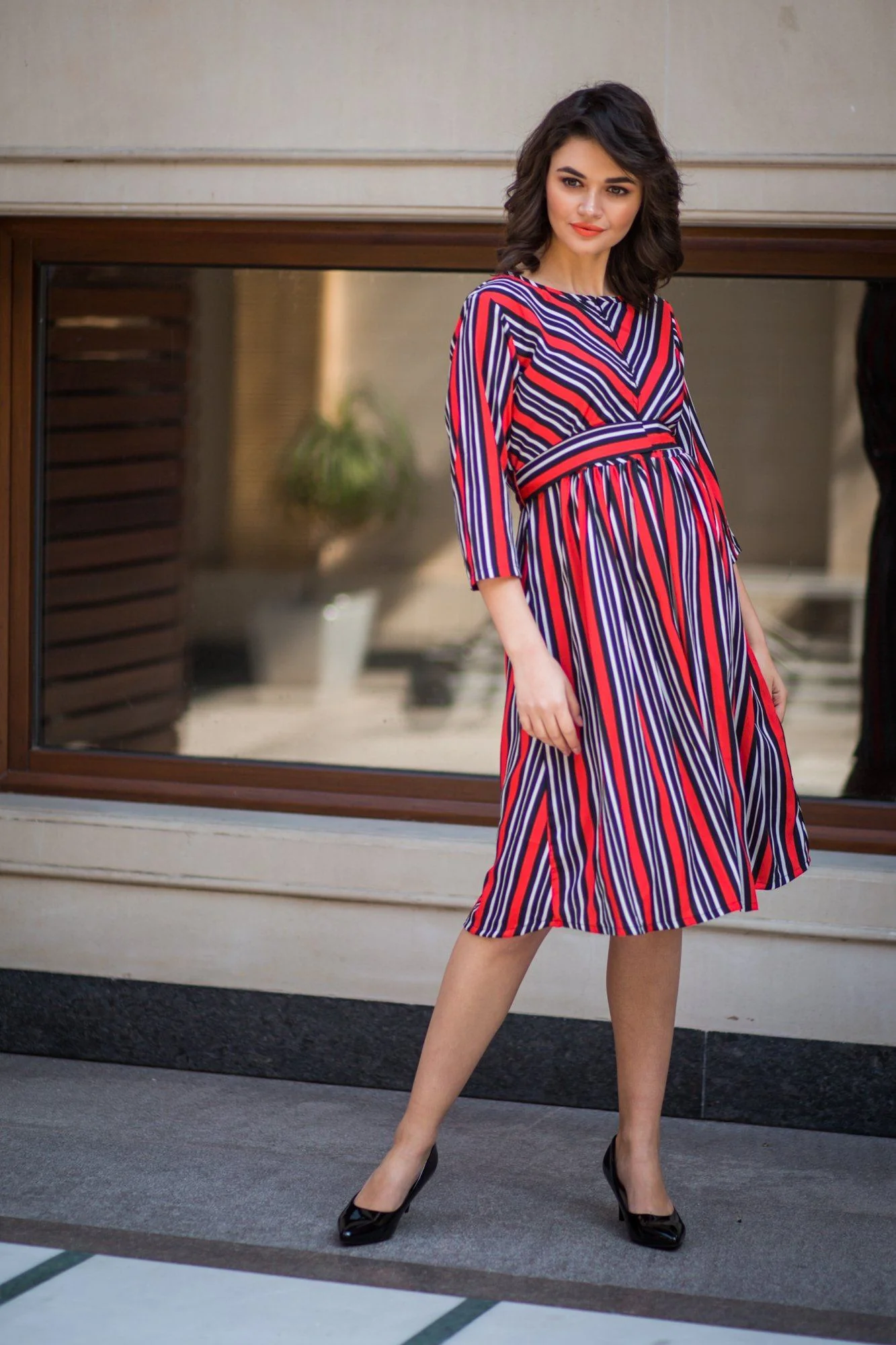 Slick Black Red Striped Nursing Crepe Dress - Chenance