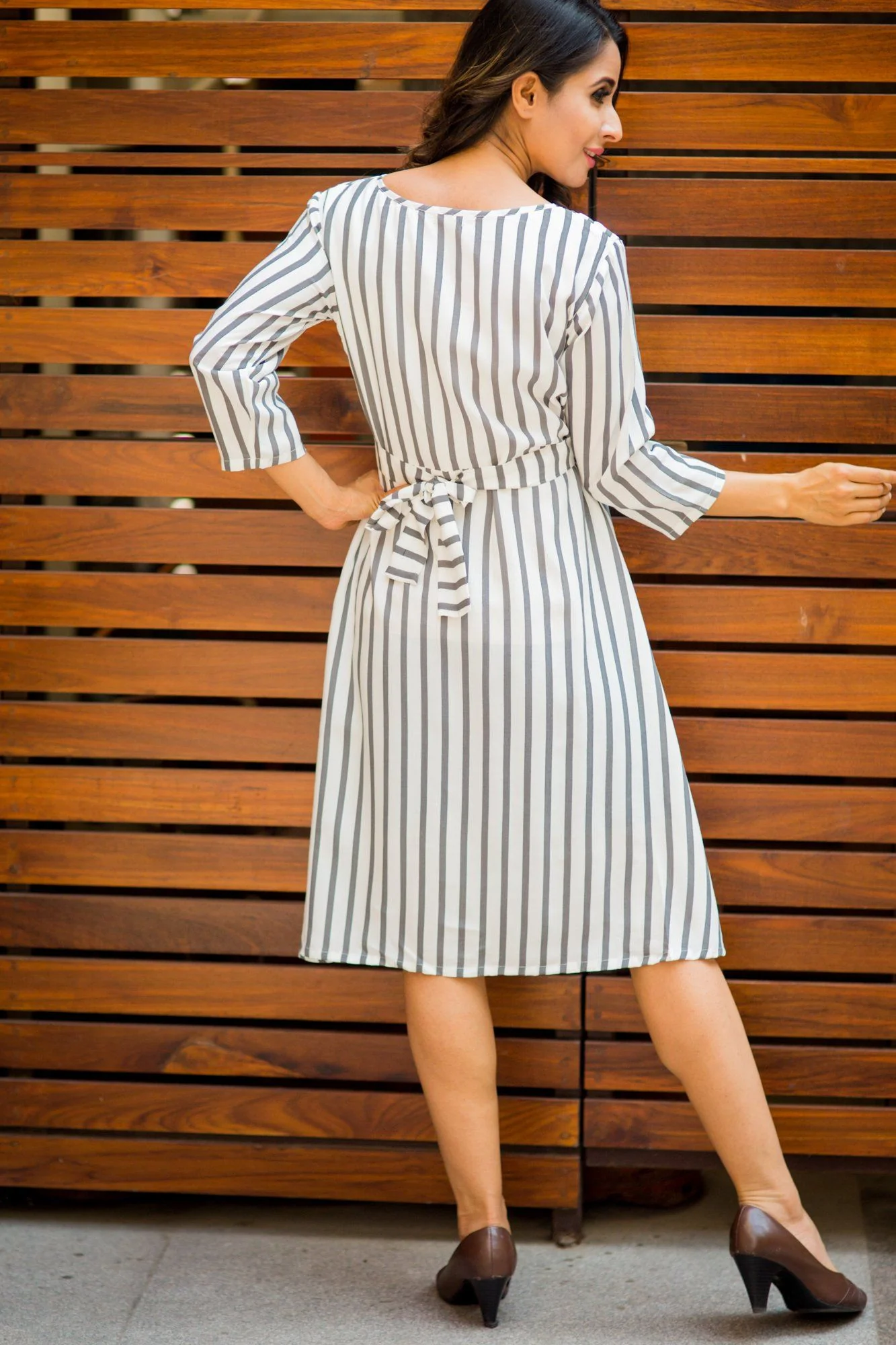Timeless Grey White Striped Nursing Rayon Dress - Chenance