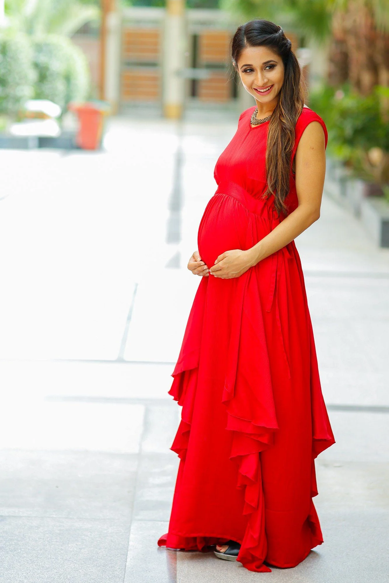 Luxe Candy Red Bubble Georgette Maternity Dress - Chenance