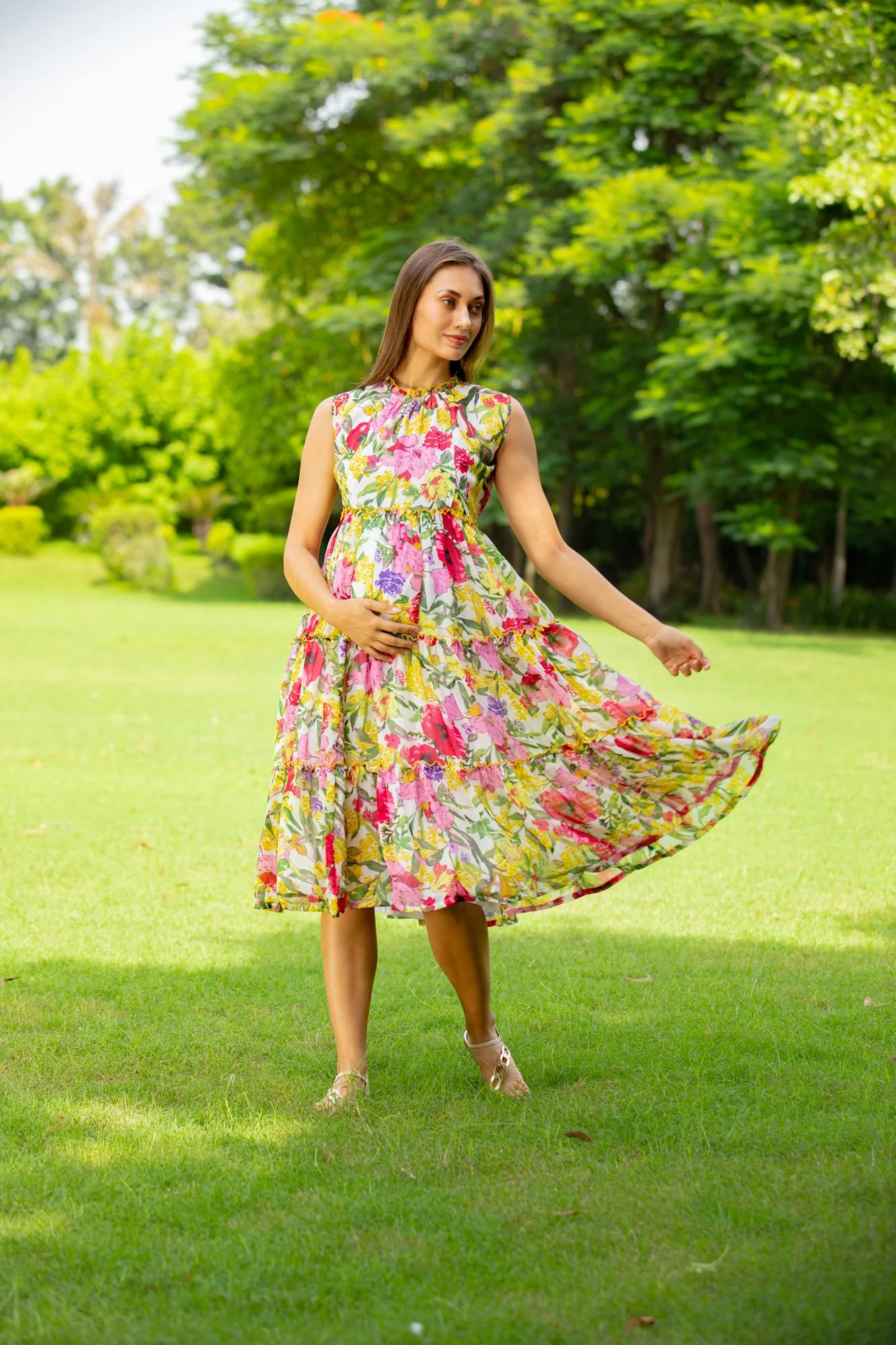 Blossom White Maternity & Nursing Concealed Zips Frill Dress - Chenance