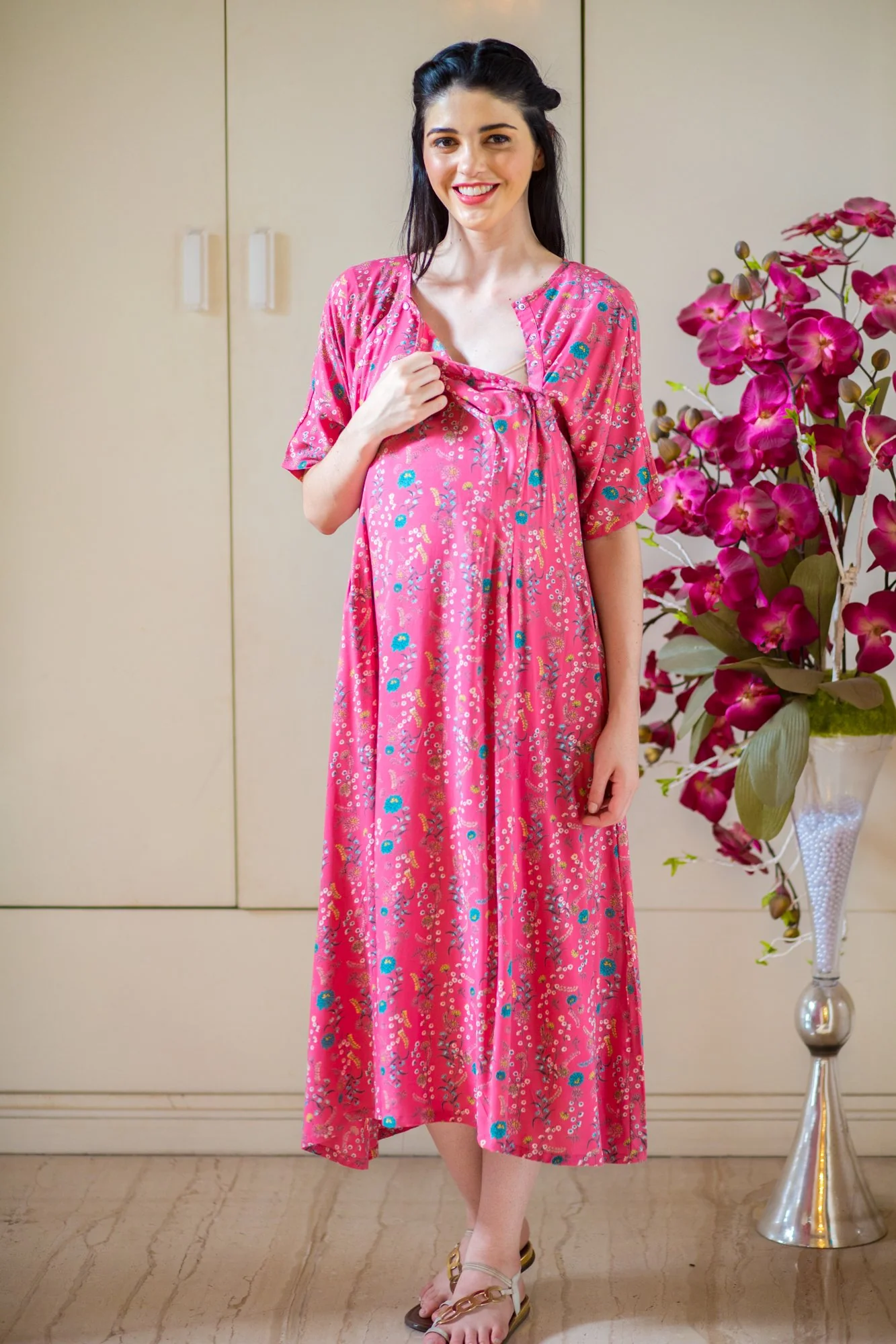 Pretty In Peach Shoulder Snap Maternity & Nursing Dress / Delivery Gown/ Night Dress + Swaddle - Chenance