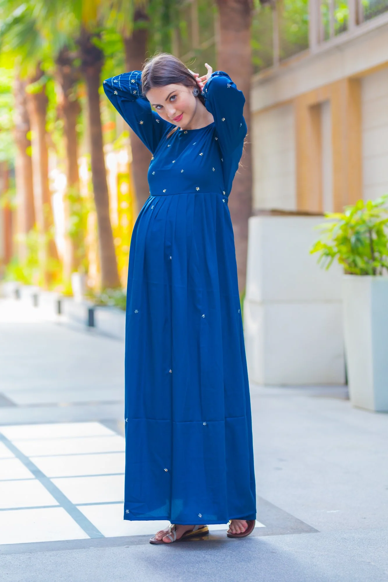 Premium Cobalt Blue Hand Embroidered  Maternity Dress - Chenance