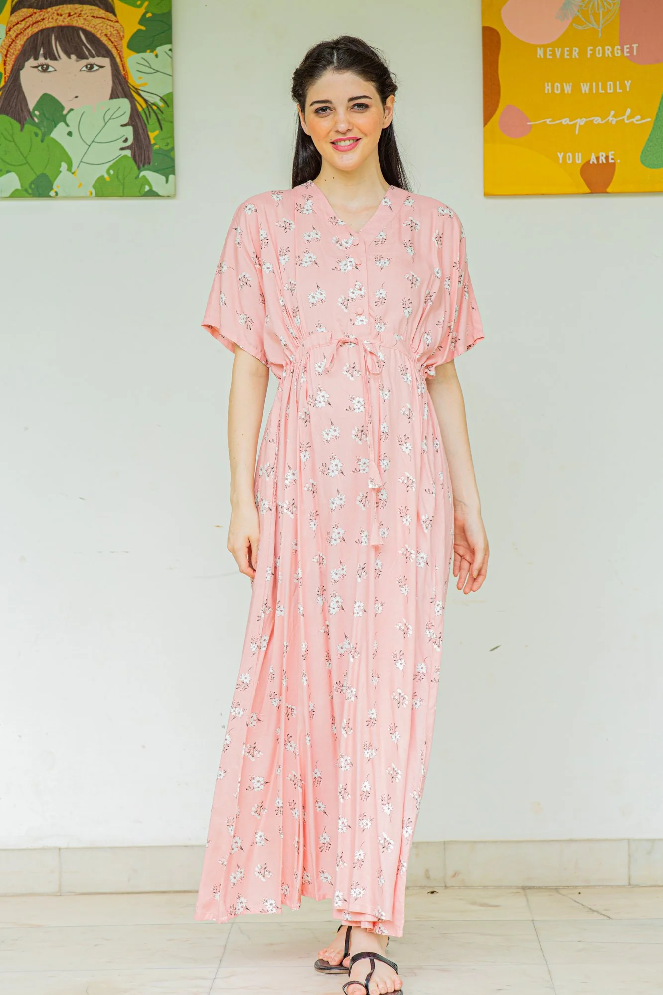 Pink Floral Maternity & Nursing Dress / Delivery Gown/ Night Dress - Chenance
