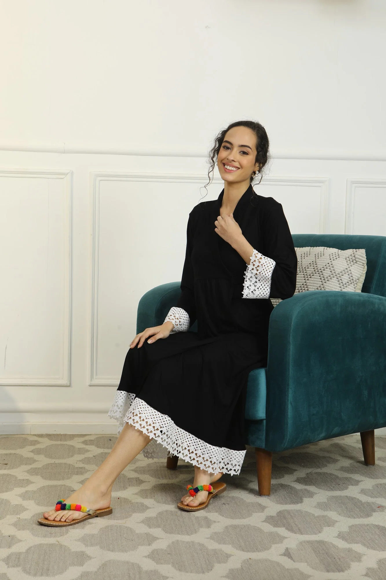 Royal Black Lycra Maternity & Nursing Wrap Nightwear Dress/ Hospital Gown/ Delivery Robes - Chenance