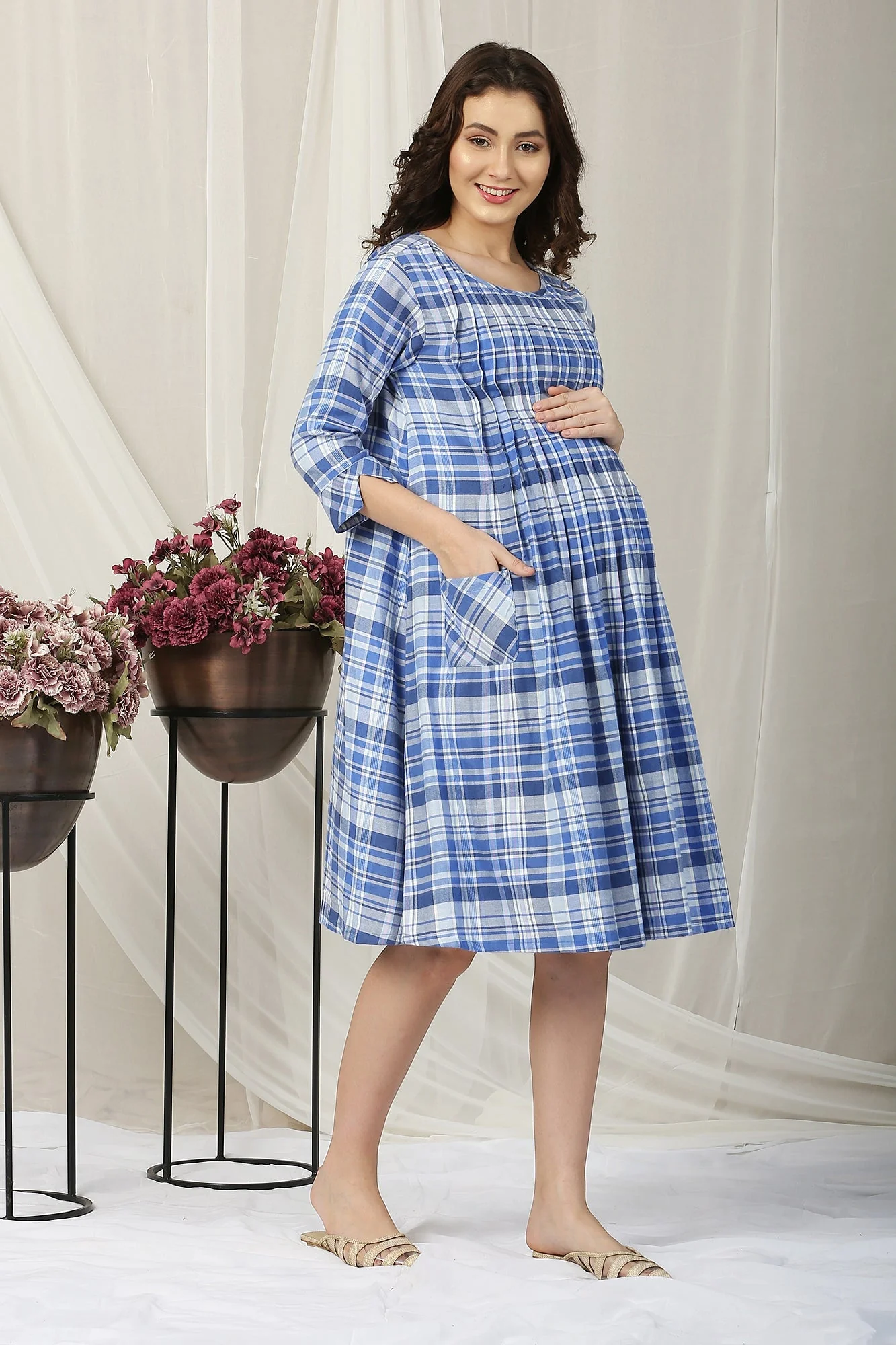 Blue Checks Maternity & Nursing Pintuck Dress - Chenance