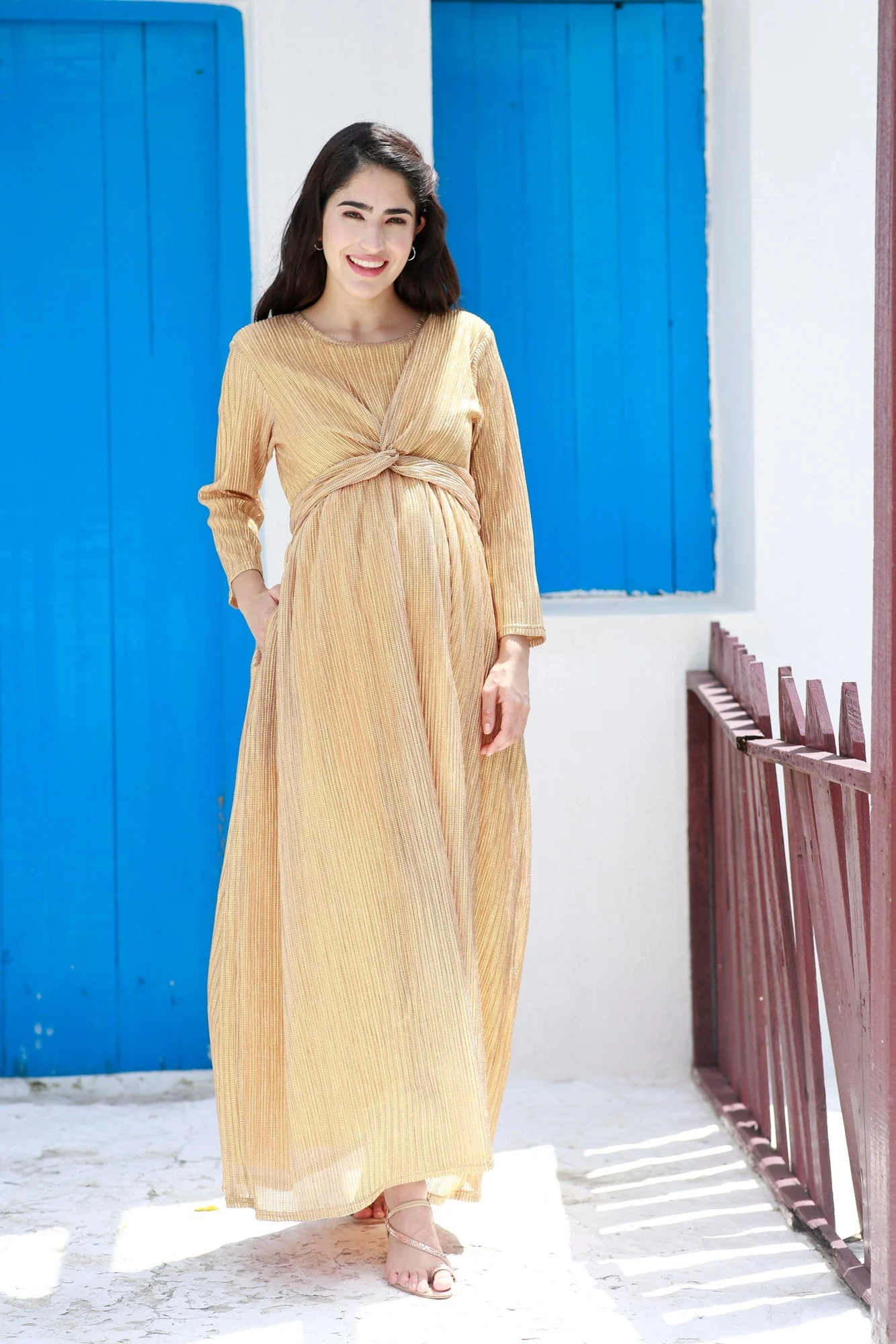 Luxe Golden Shimmery Maternity Knot Dress - Chenance