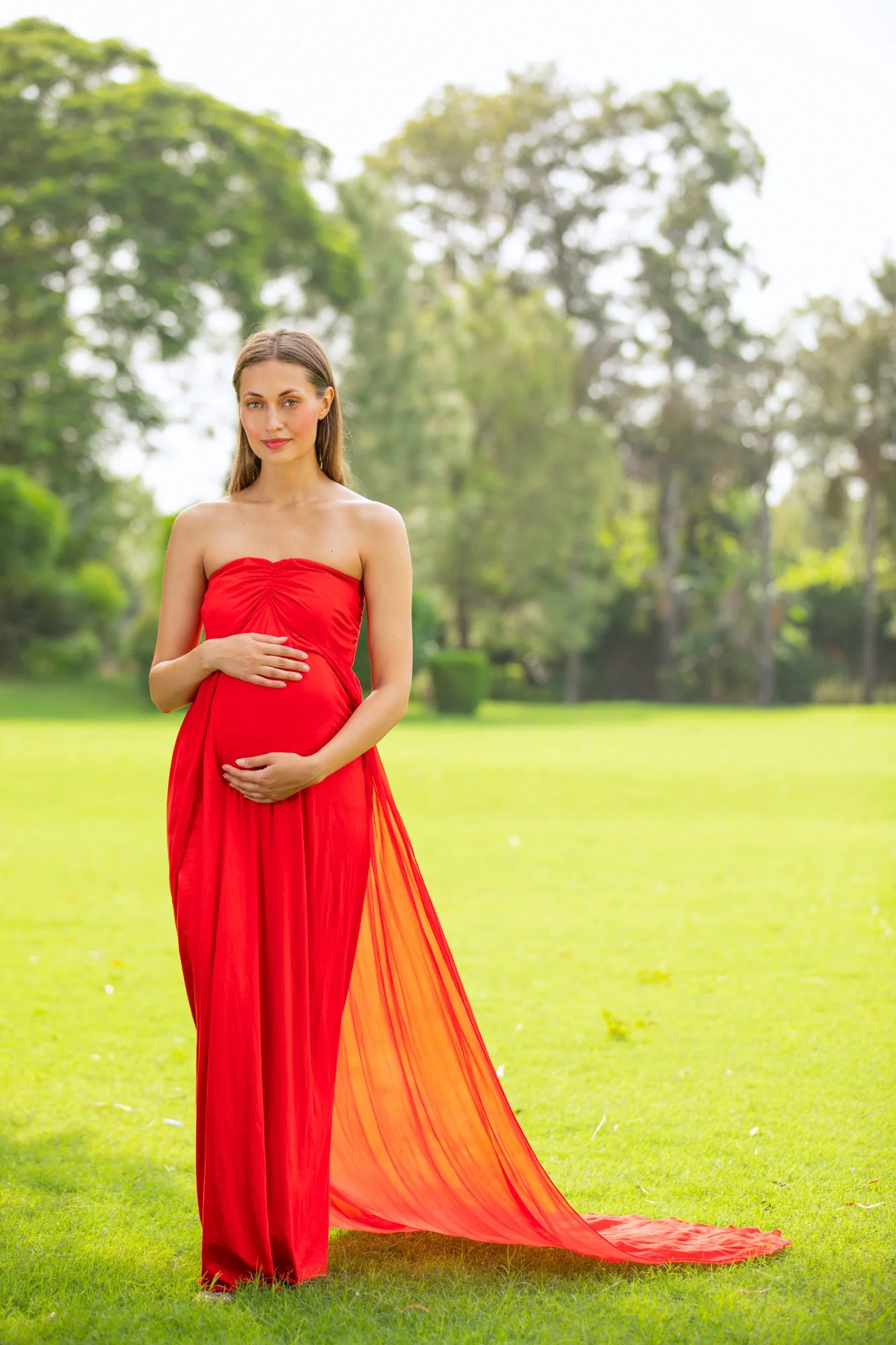 Luxe Cherry Red Off-Shoulder Trail Maternity Photoshoot Gown - Chenance