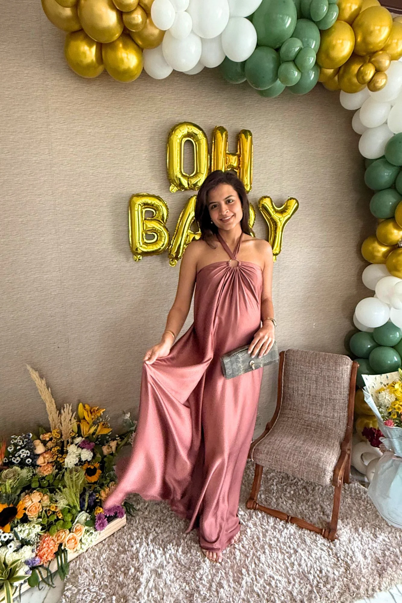 Luxe Rose Pink Satin Maternity Gown - Chenance