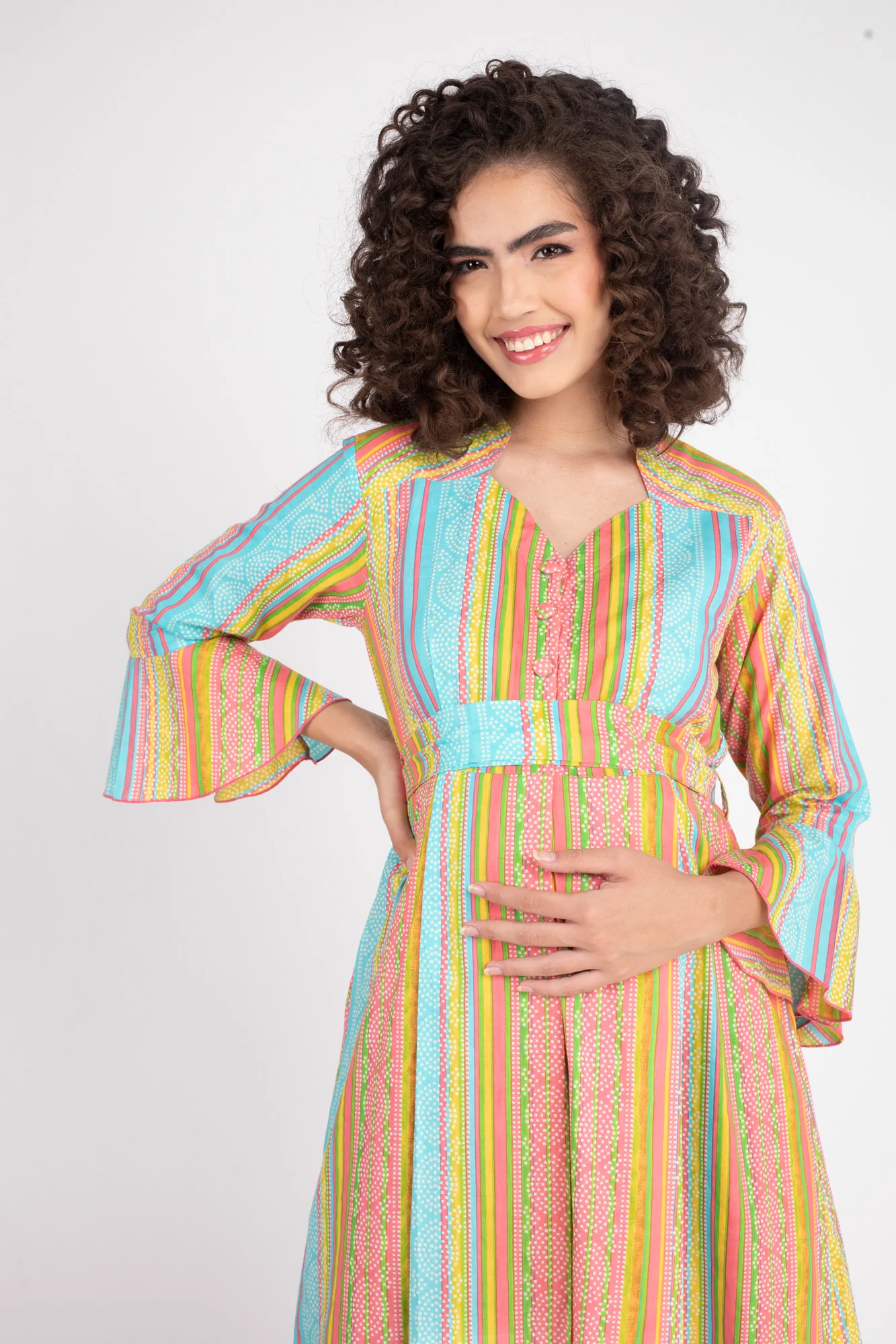 Striped Coral Maternity & Nursing Dress (100% Cotton) - Chenance