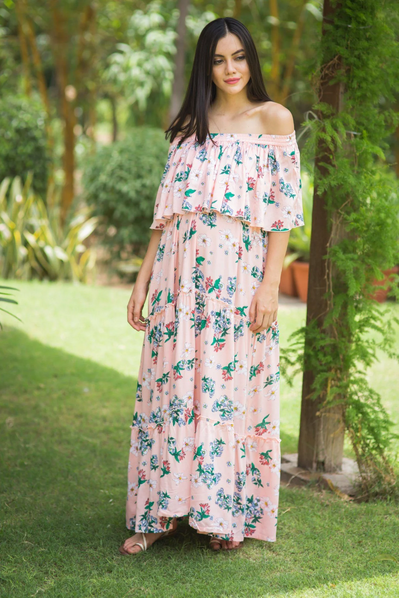 Rose Peach Off-Shoulder Maternity Maxi - Chenance