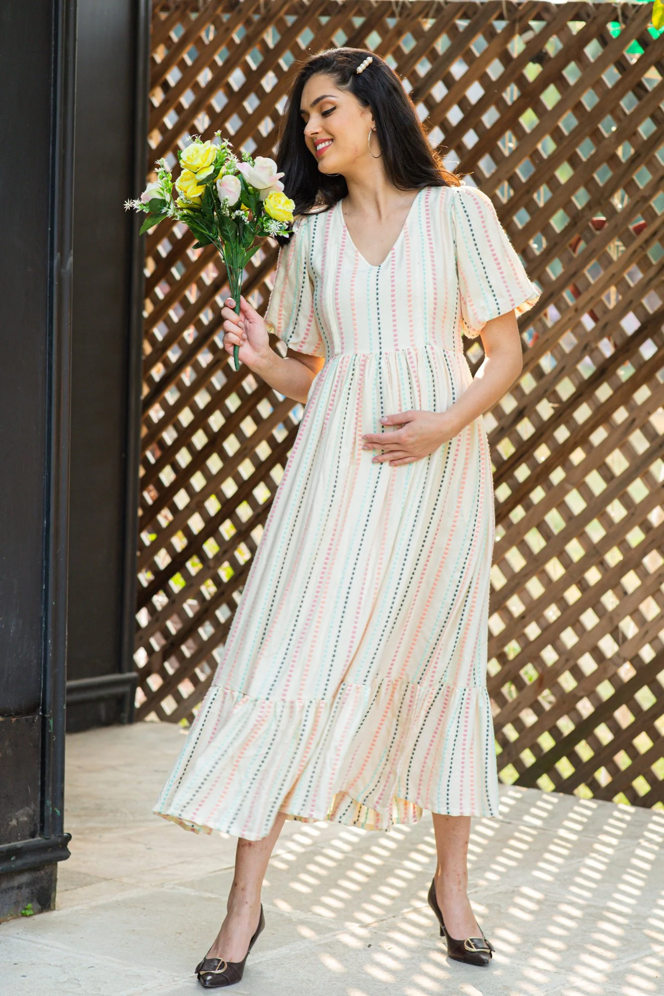 Off White Salmon Striped Long Maternity & Nursing Dress - Chenance