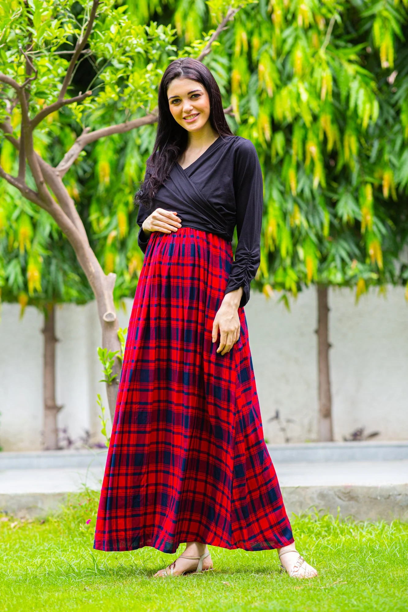 Elegant Red Check Maternity & Nursing Wrap Dress - Chenance