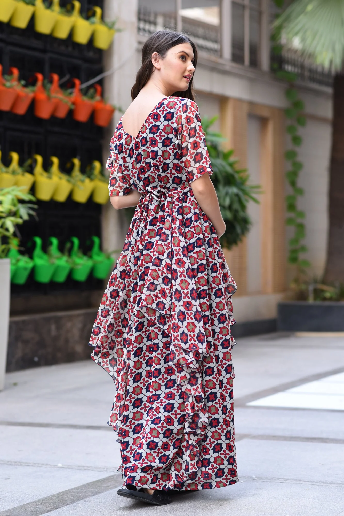 Geo Patterned Maternity Dress With Sleeves - Chenance