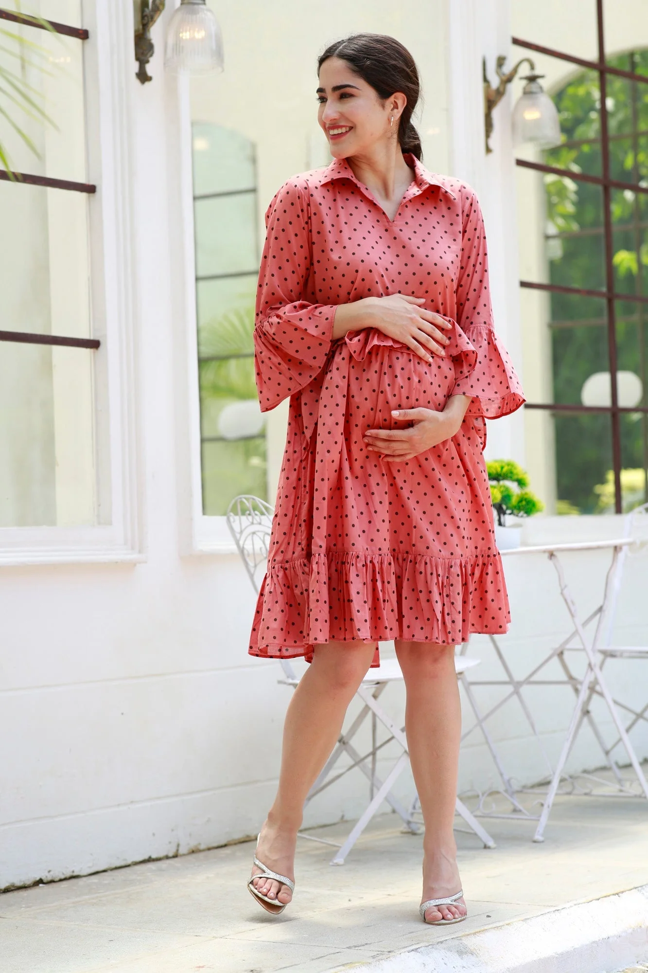Breezy Blush Red Maternity Polka Knee Frill Dress - Chenance