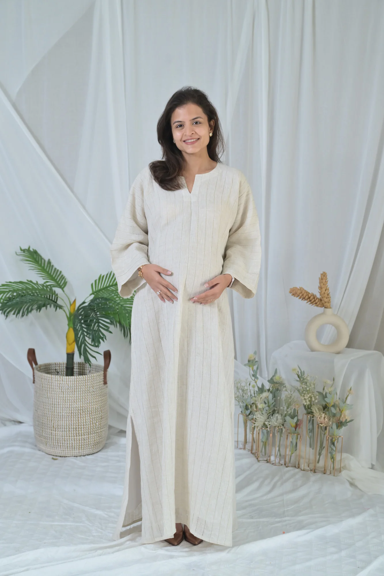 Luxe Graceful Beige Long Maternity Linen Dress - Chenance