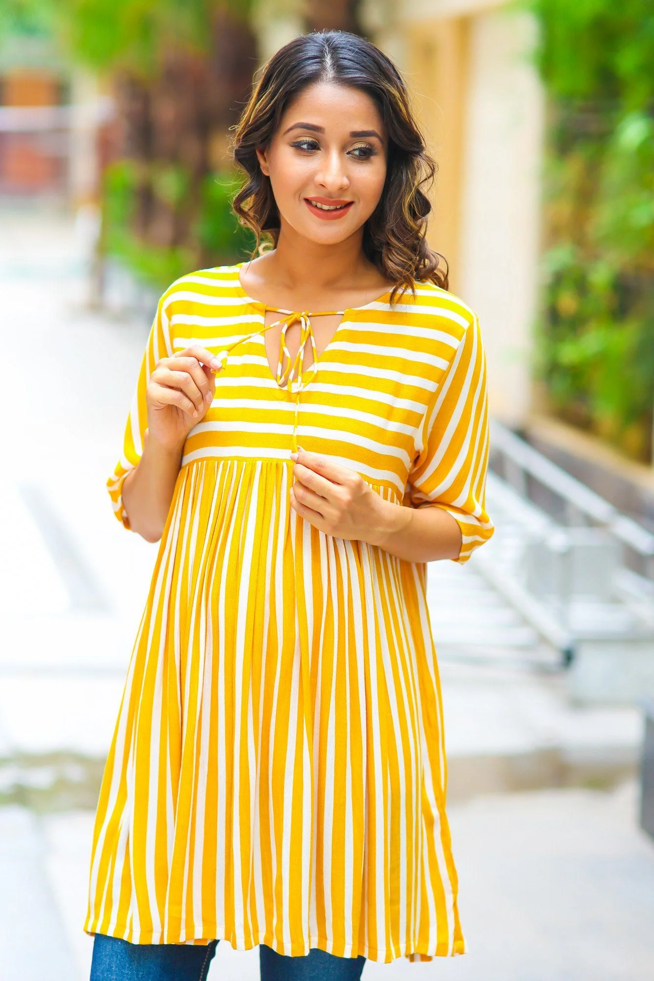 Mustard Striped Gathered Maternity Top - Chenance