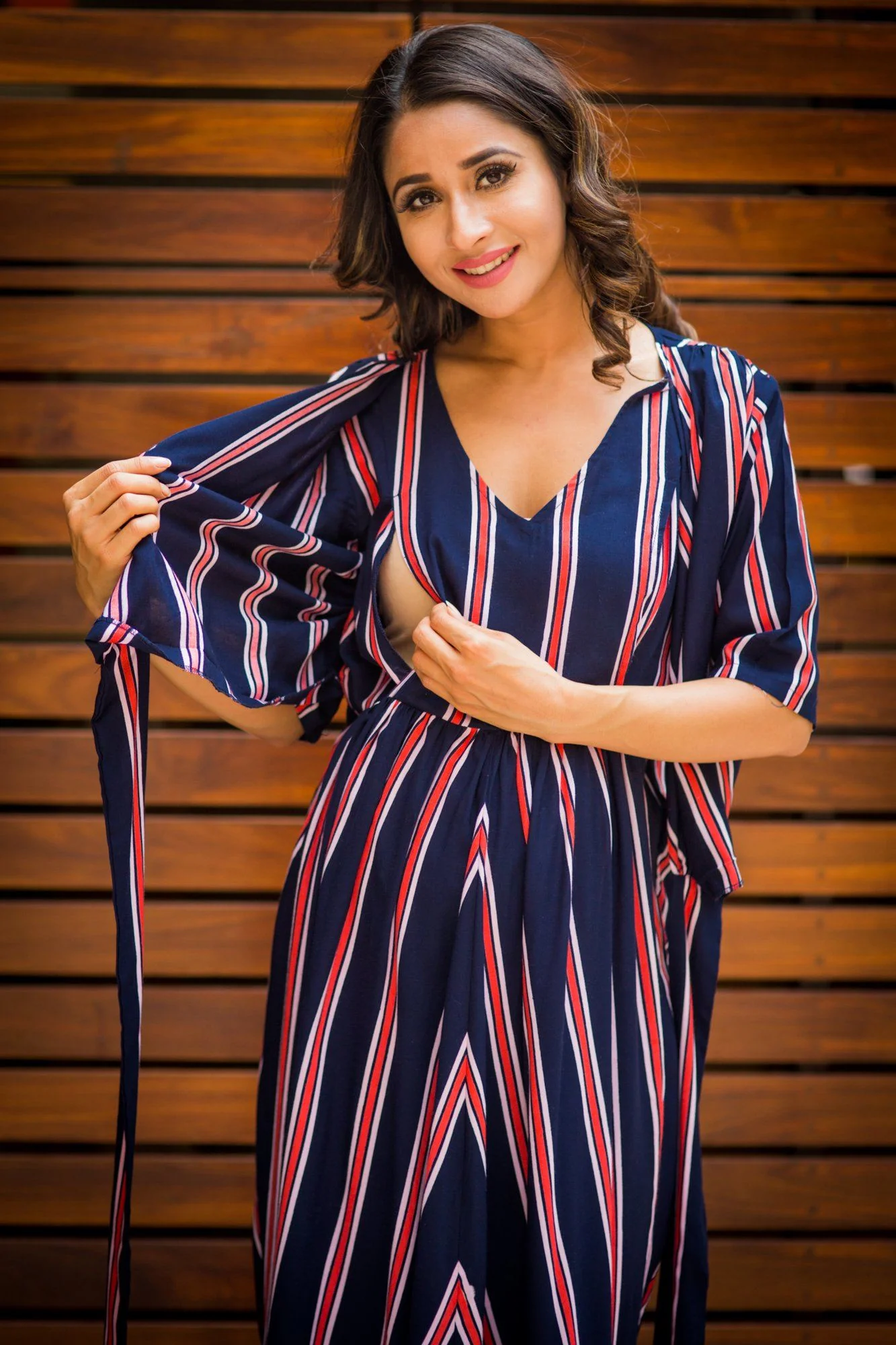 Nautical Navy Red Striped Maternity & Nursing Wrap Dress - Chenance