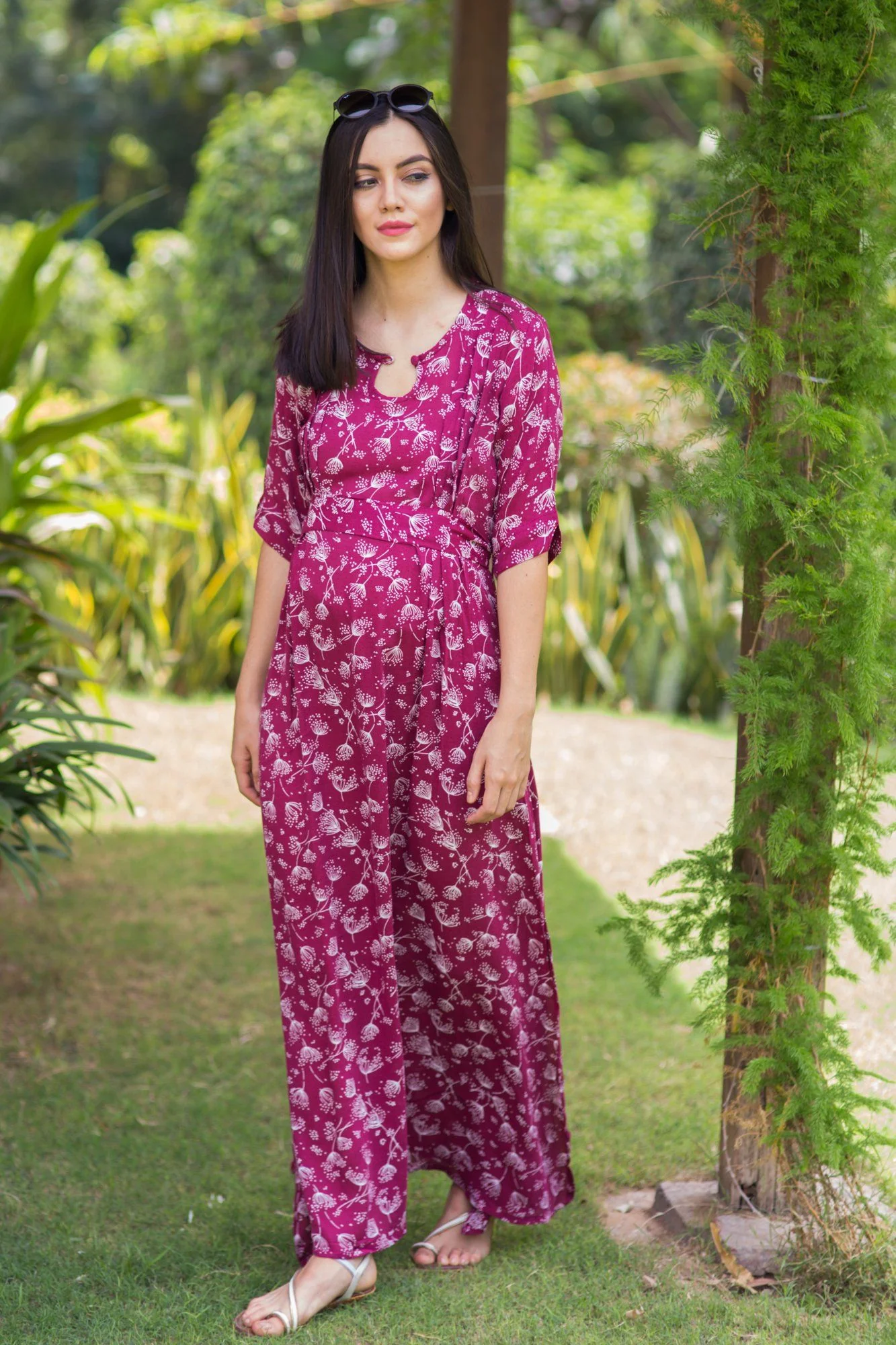 Burgandy Moss Side Slit Concealed Zips Maternity & Nursing Dress - Chenance