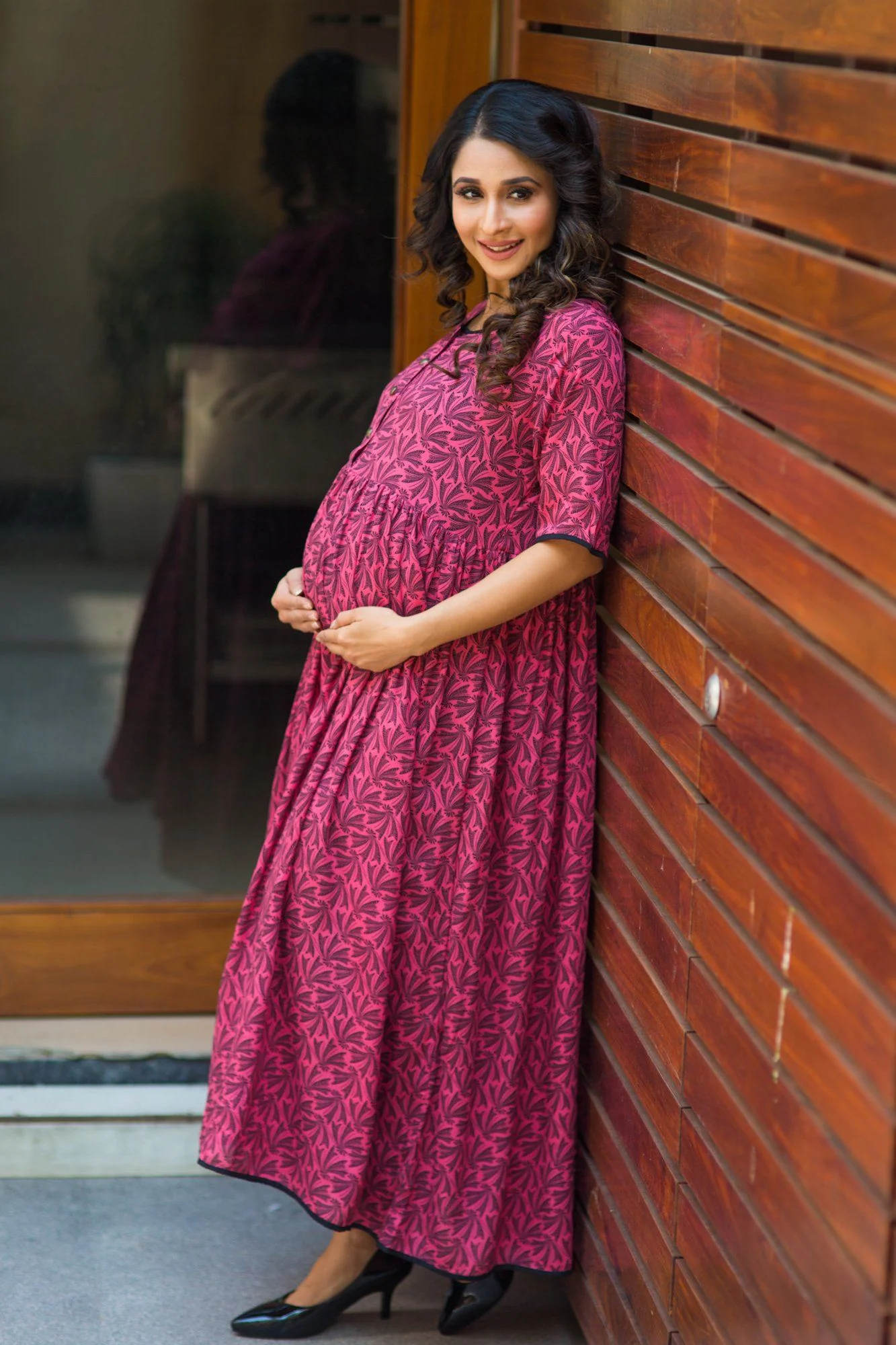 Pink Leaf Long Maternity and Nursing Kurta - Chenance