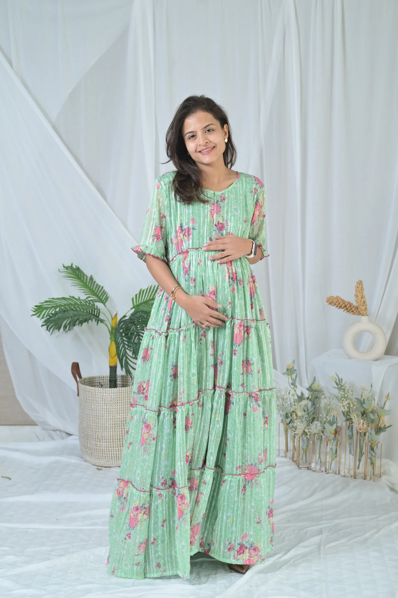 Graceful Mint Green Frill Maternity & Nursing Dress - Chenance
