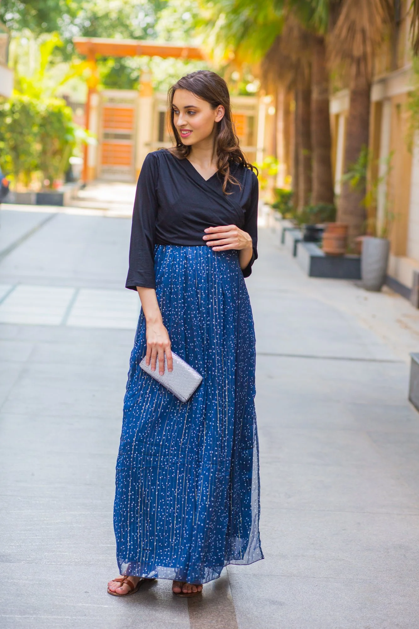 Luxe Blue Chiffon Black Maternity & Nursing Wrap Dress - Chenance