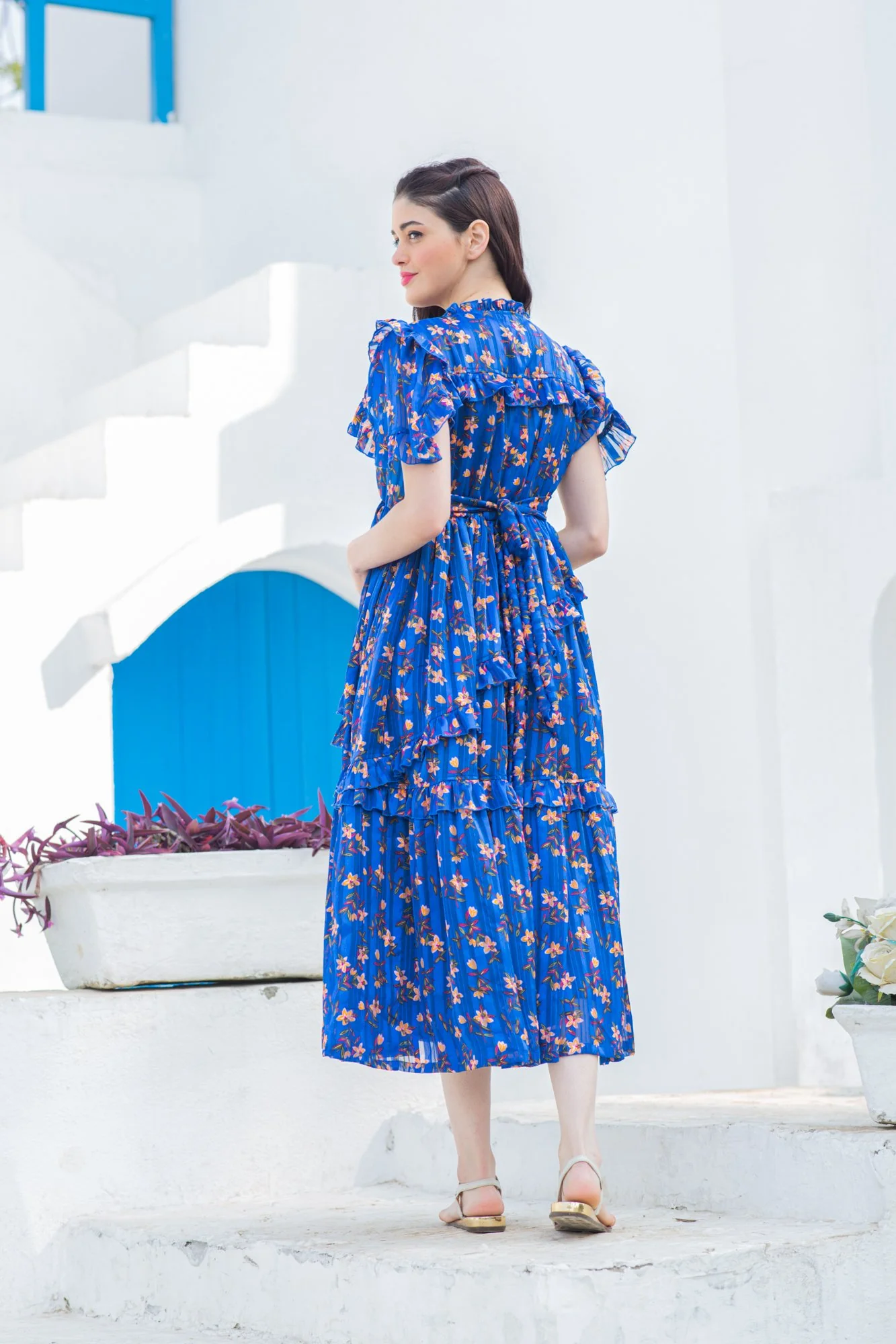 Royal Blue Mist Maternity & Nursing Frill Dress - Chenance