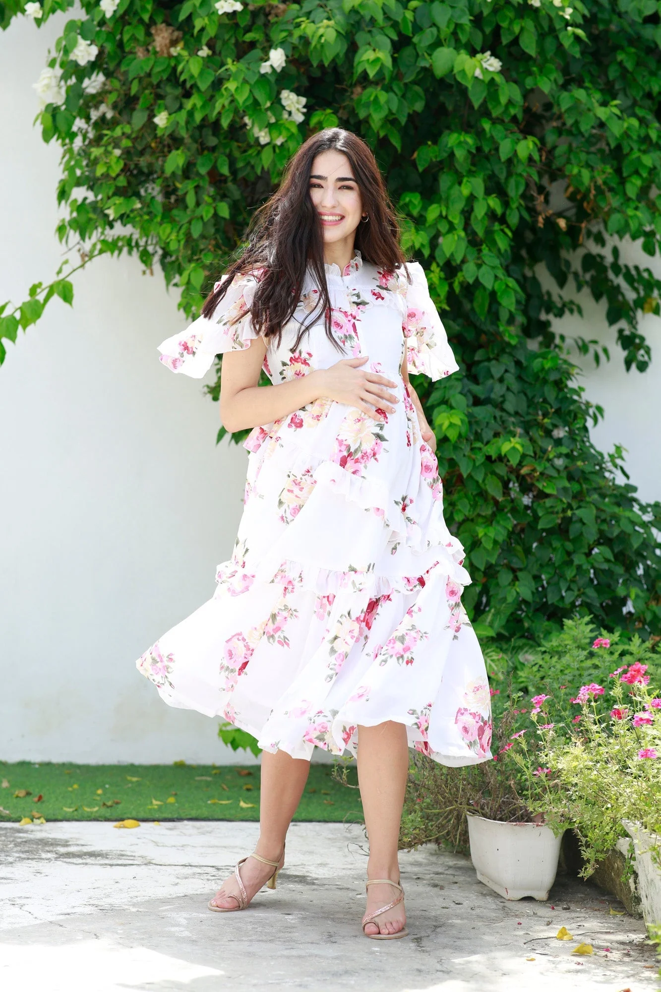 Soothing White Floral Maternity & Nursing Frill Dress - Chenance