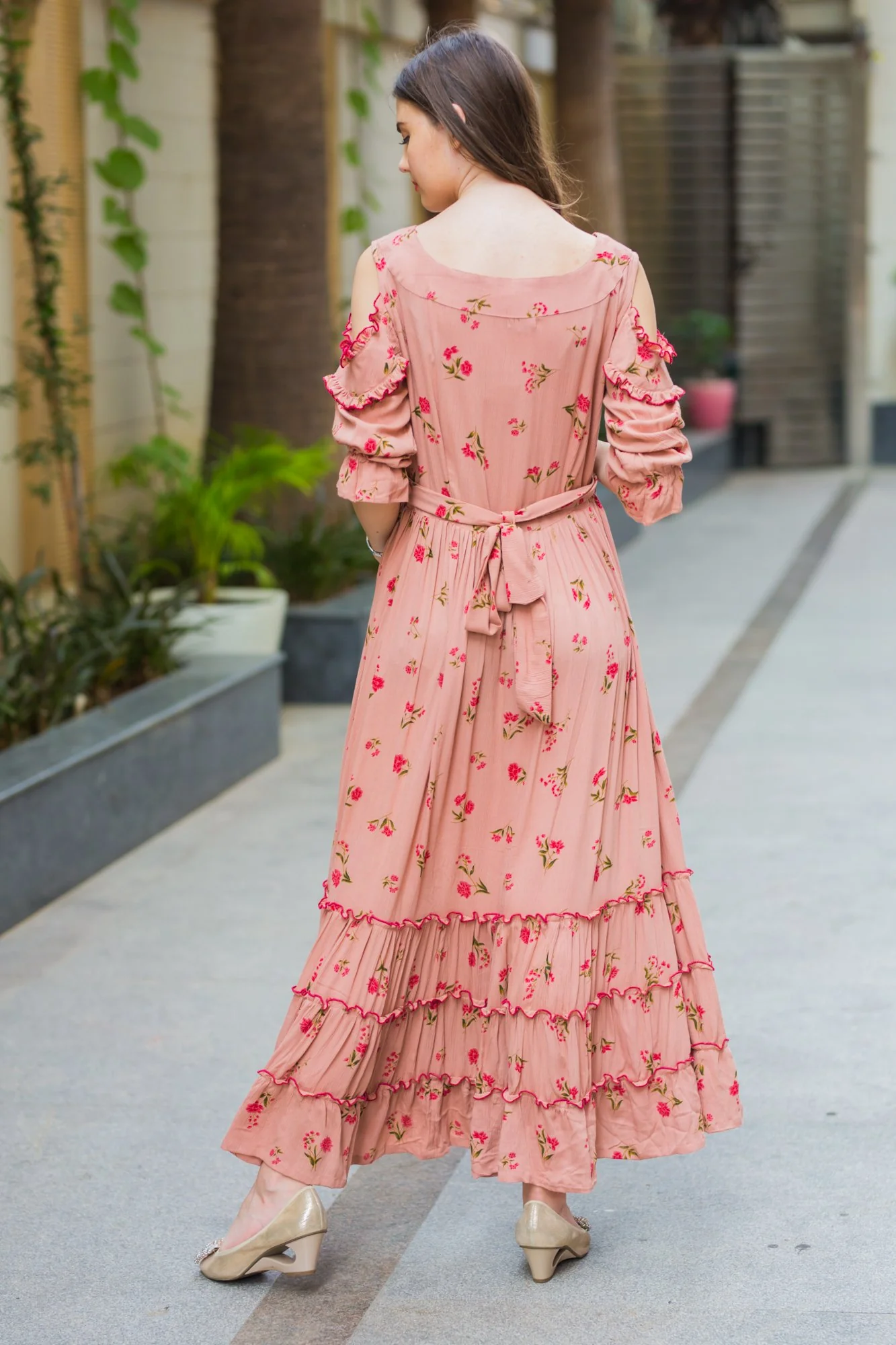 Peach Hawaiin Floral Frill Maternity & Nursing Maxi - Chenance