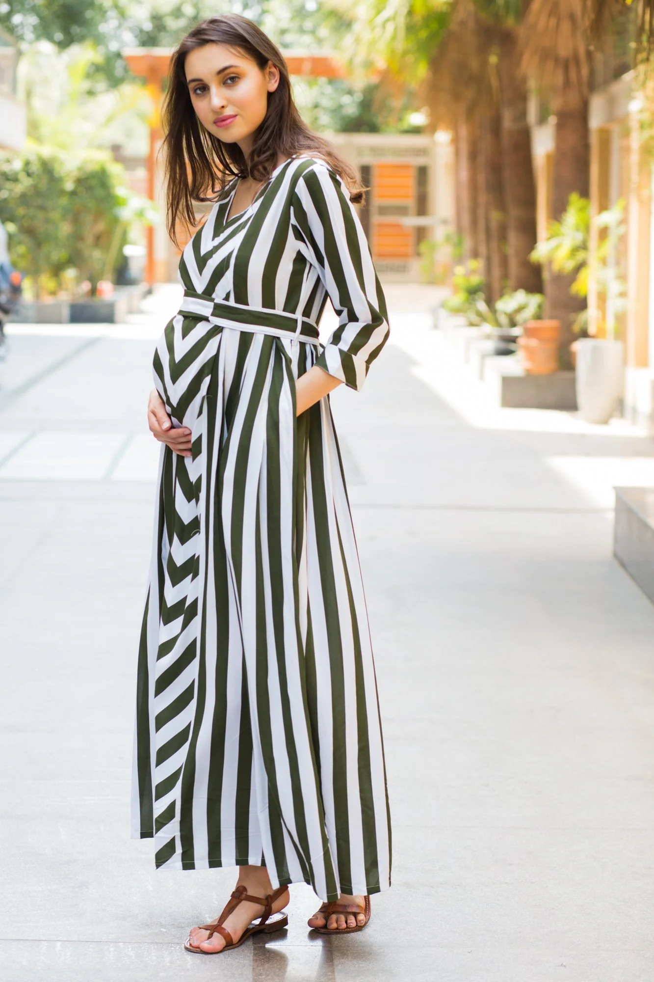 Olive Striped Maternity & Nursing Dress - Chenance