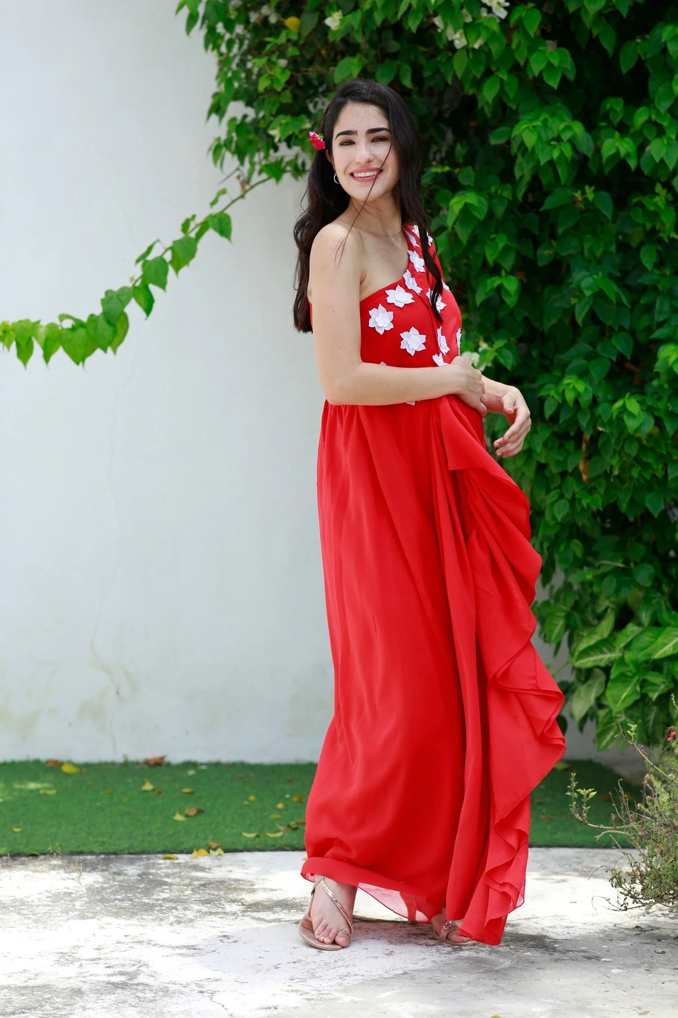 Scarlet Red One Shoulder Maternity Flow Dress - Chenance