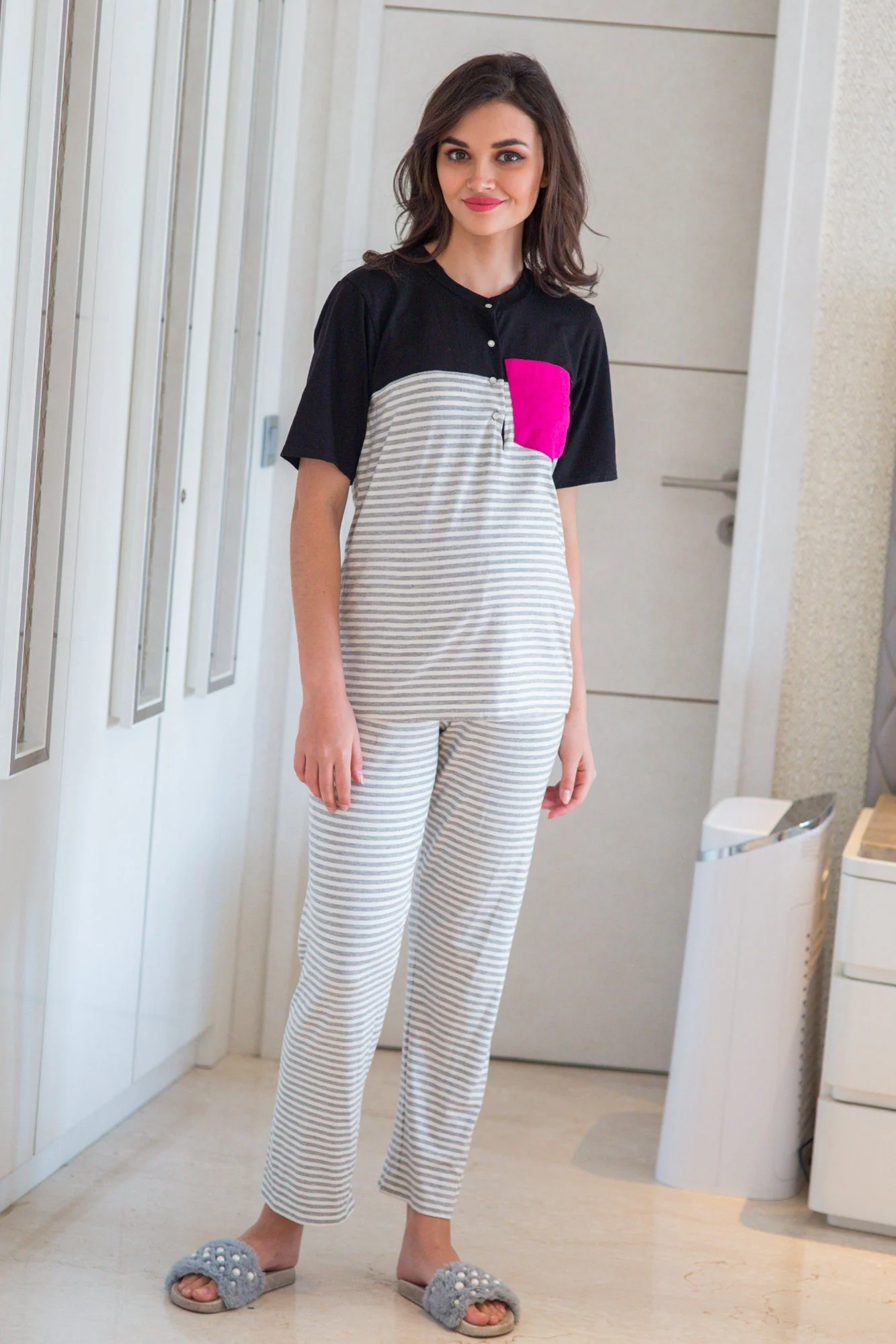 Set of Two - Striped Grey Lounge Maternity & Nursing Pyjamas Set - Chenance