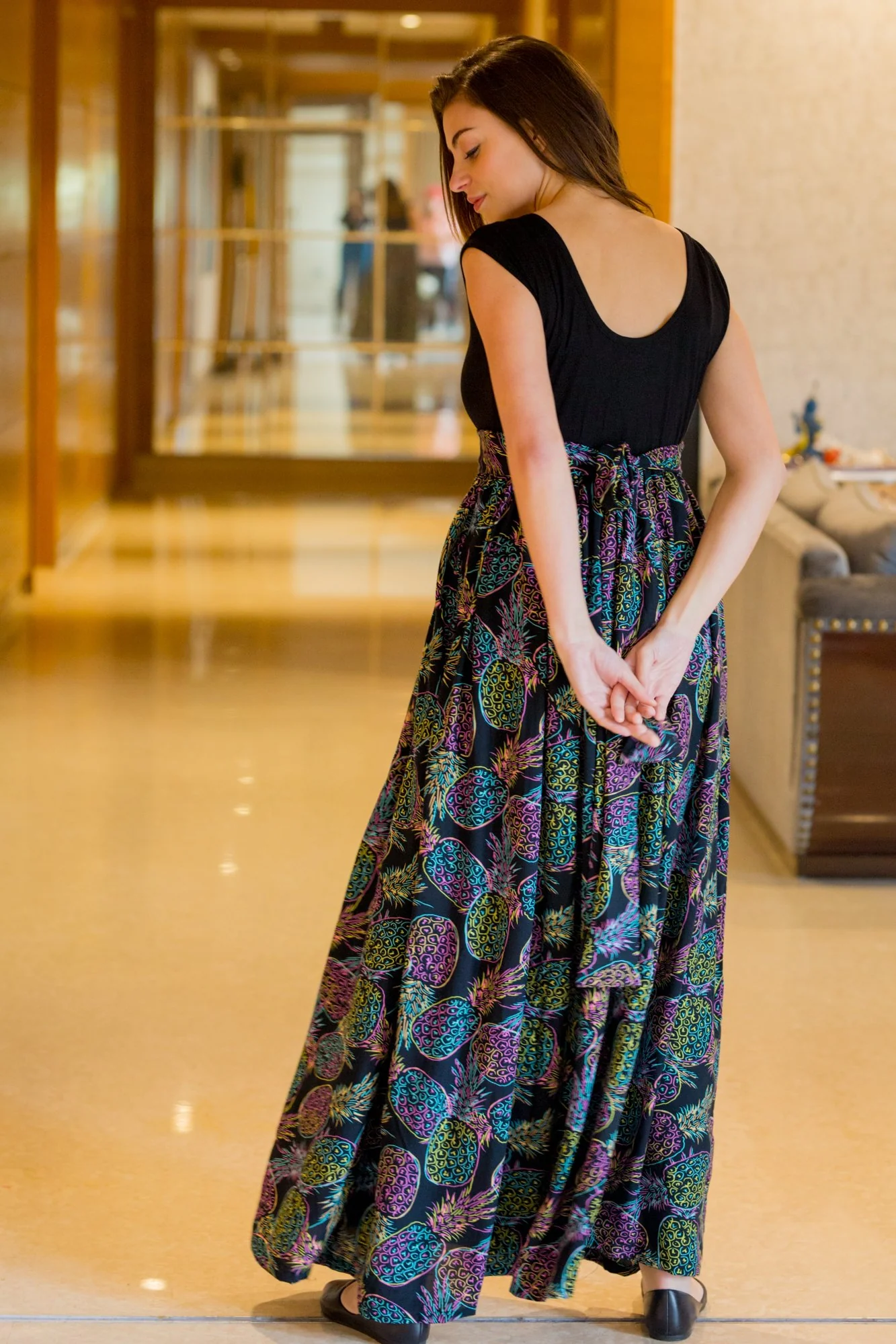 Pineapple Neon Print Gathered Maternity Dress - Chenance