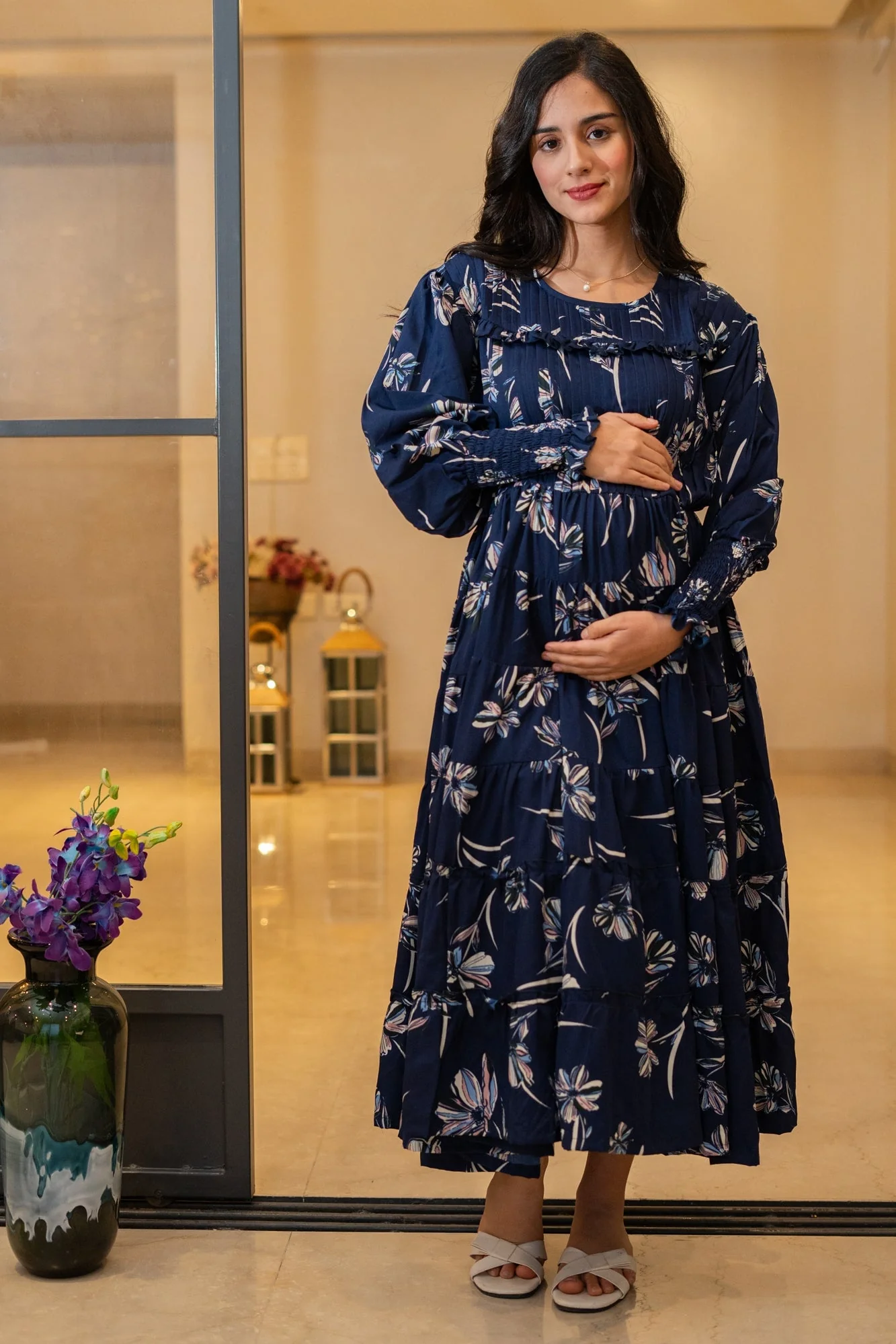 Midnight Blue Retro Crepe Blossom Formal Maternity & Nursing Pintucks Frill Dress - Chenance