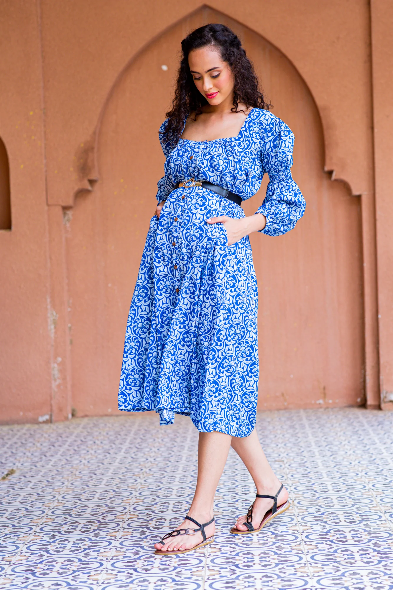 Intricate Azure Maternity & Nursing Dress - Chenance