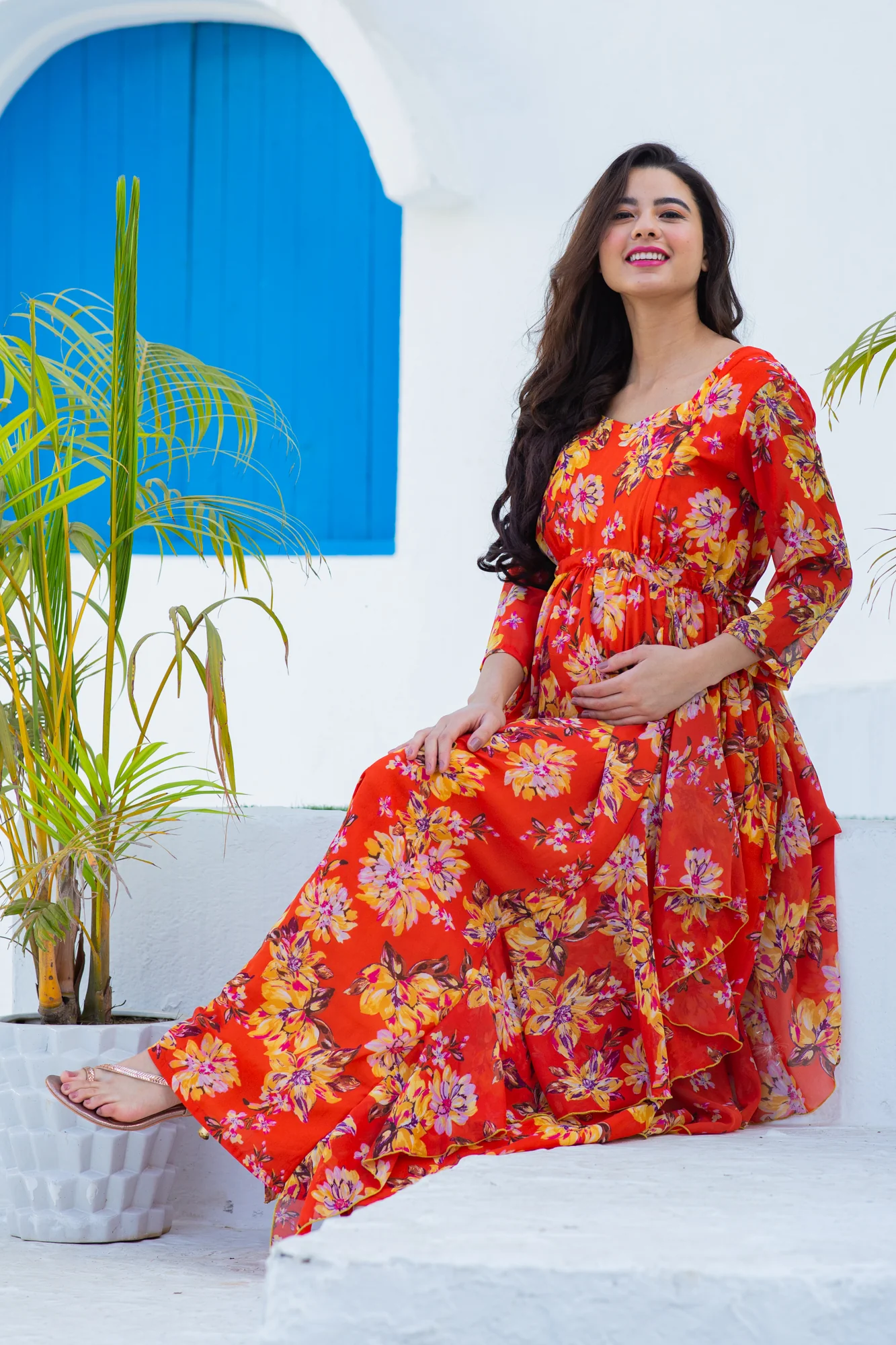 Luxe Crimson Bloom Maternity & Nursing Flow Dress - Chenance